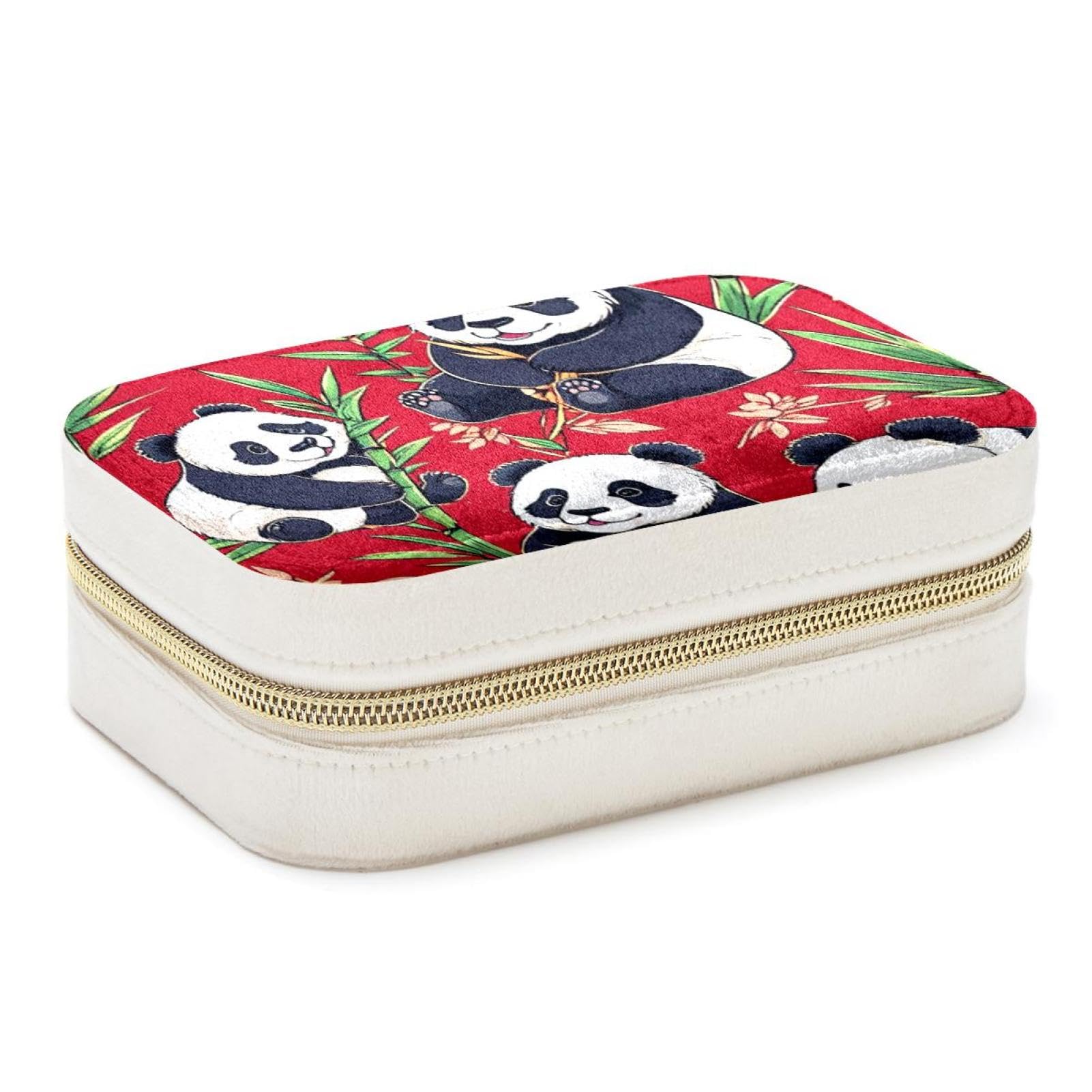 Étui de rangement à bijoux panda mignon sur rouge Boîte de voyage double couche pour femmes