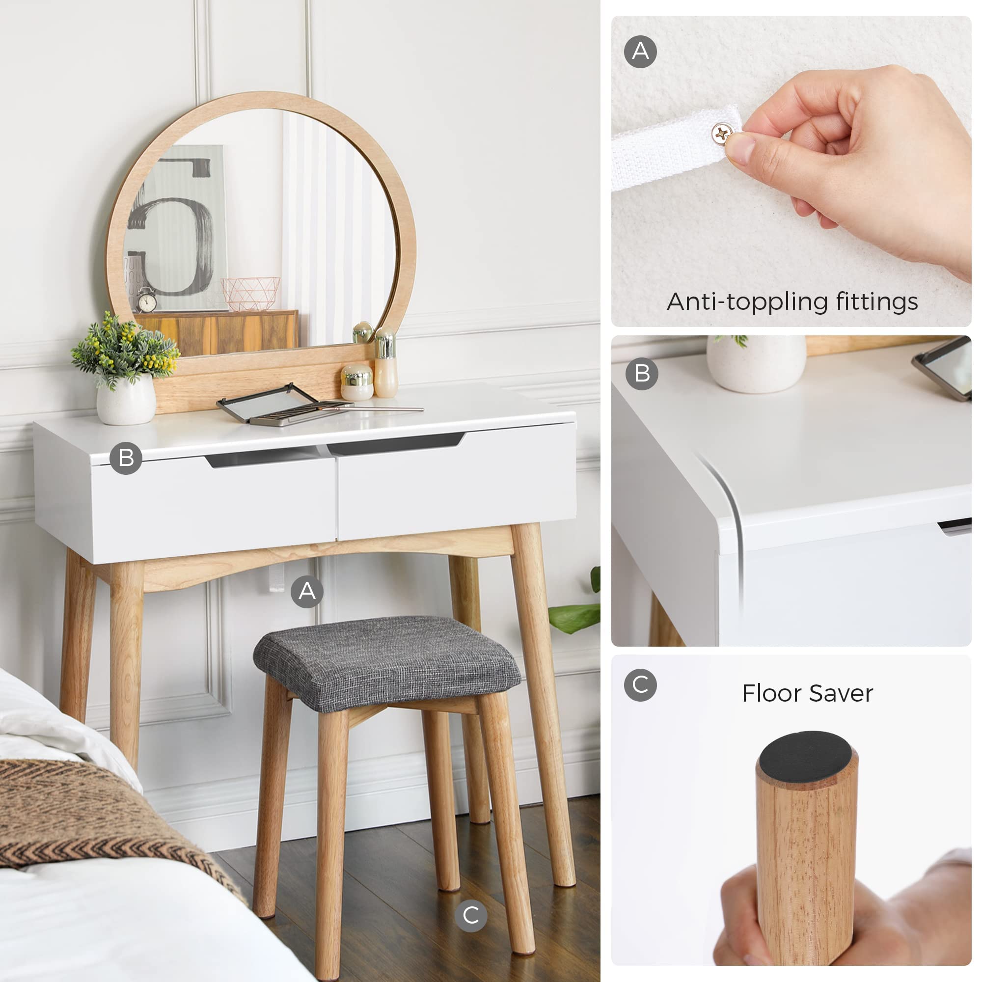 Buy VASAGLE Vanity Table, Makeup Vanity Desk with Rounded Mirror, 2