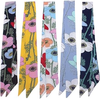 5pcs Branches and Flowers Pattern Bag Handbag Handle Ribbon Scarf Hair Head Band Neck Scarf Neckerchief Scarf Head Wrap for Women Girls Decoration