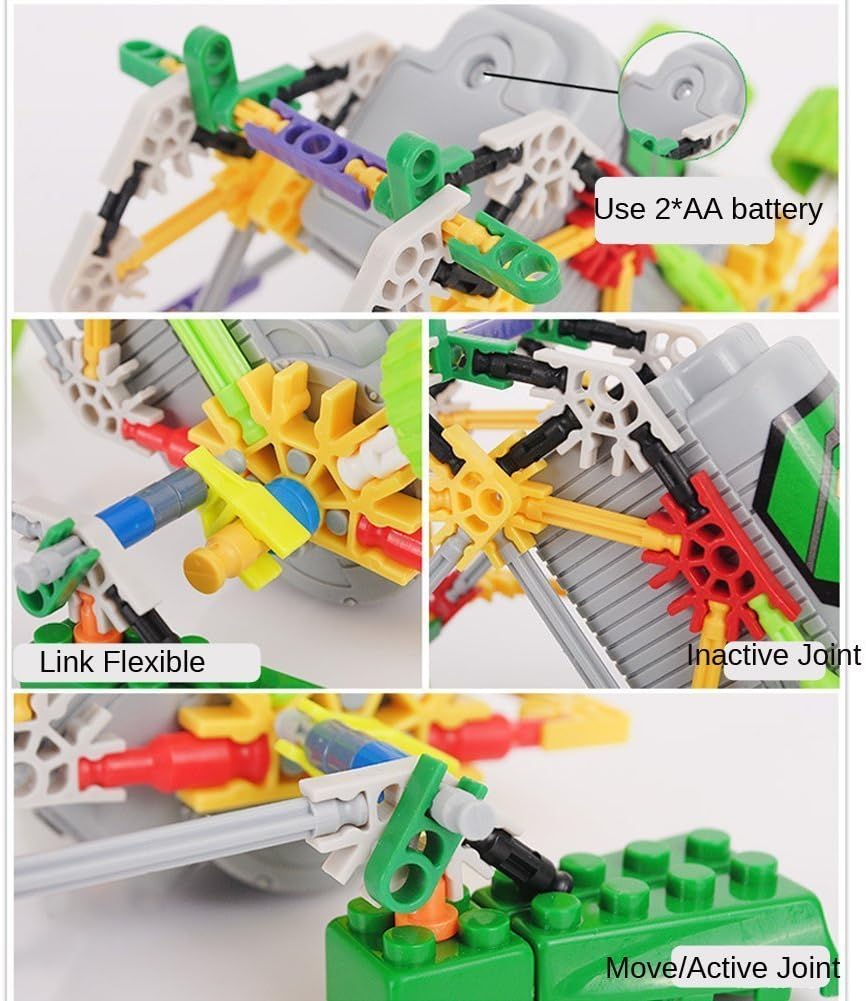 Close-up images showing details of the LOZ Robotic Frog: battery compartment for 2 AA batteries, flexible link connections, inactive joints, and active joints for movement.