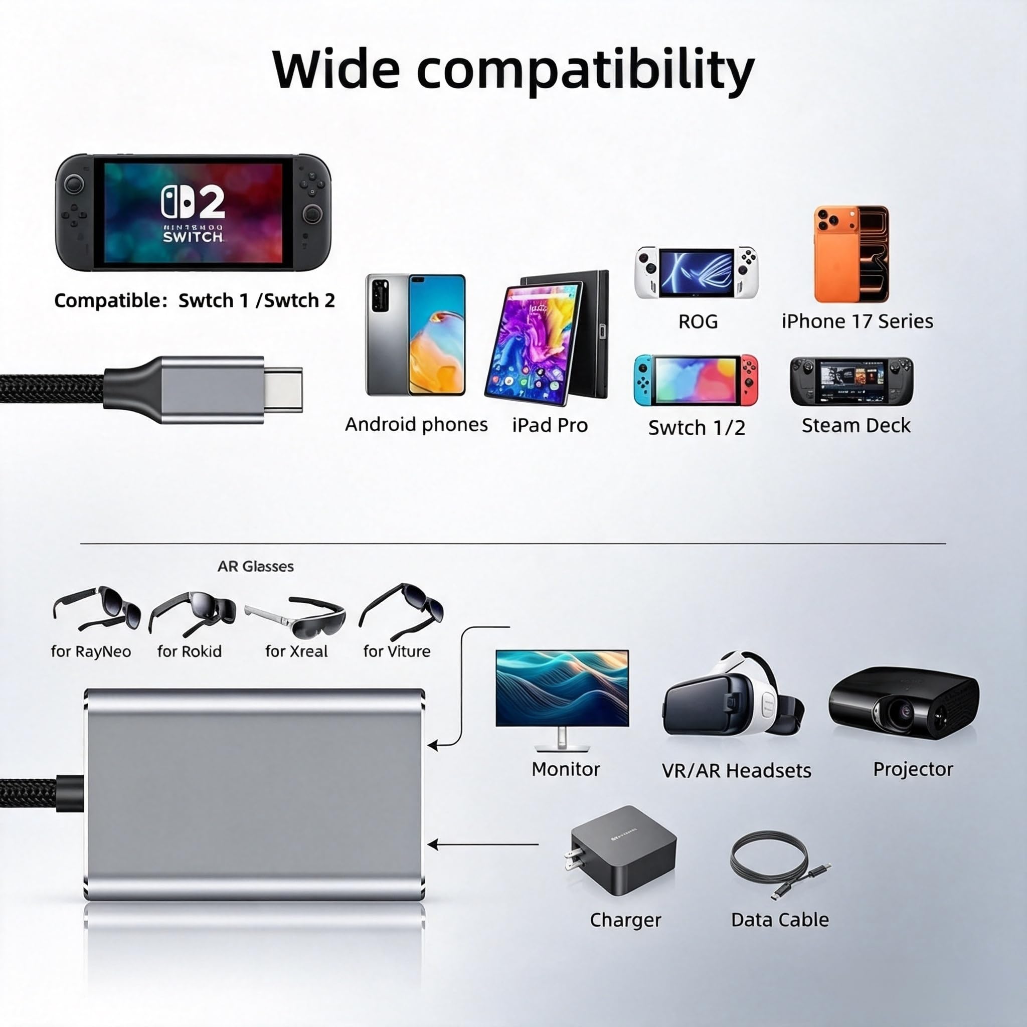 Lunettes USB C vers AR et adaptateur de charge, charge et lecture, vidéo 4K