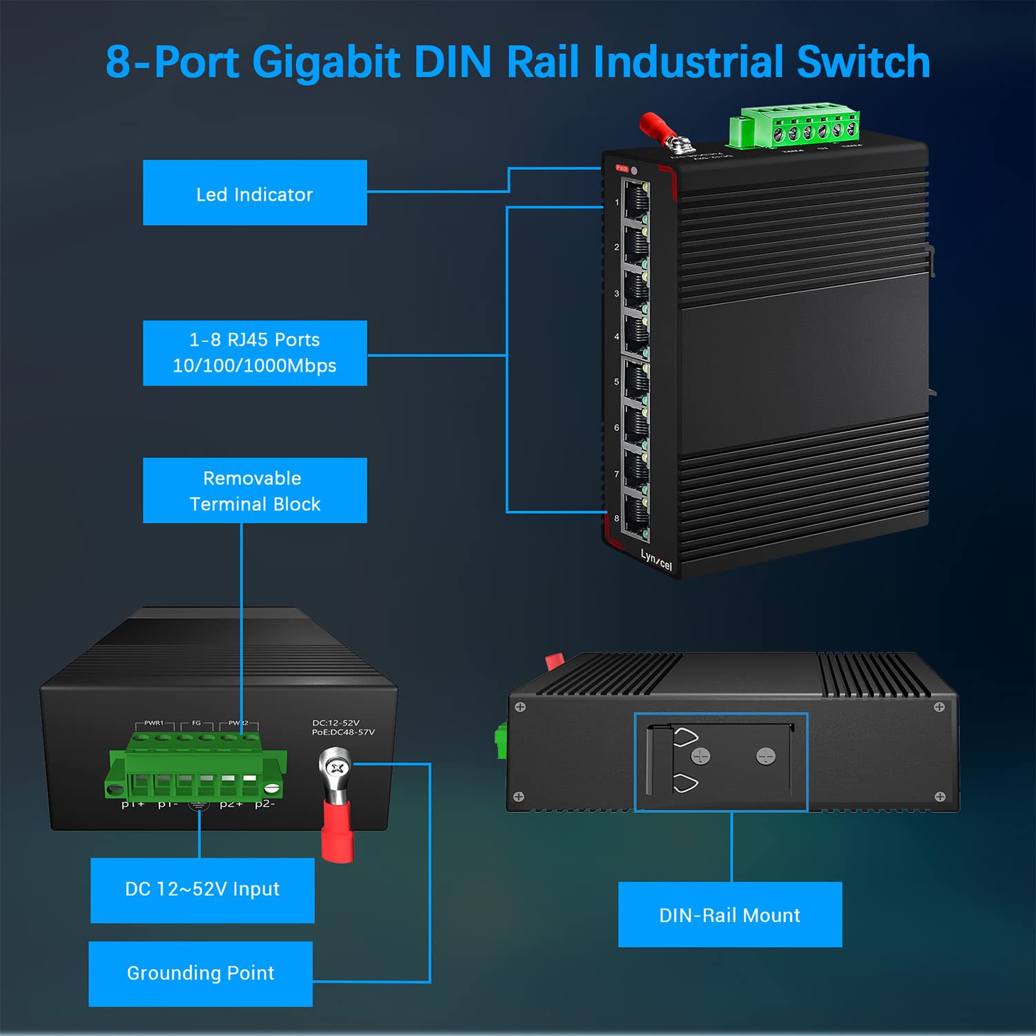8-portowy gigabitowy przemysłowy przełącznik Ethernet na szynę DIN, pojemność przełączania 16 Gb/s, niezarządzany przełącznik sieciowy 10/100/1000 Mb/s, klasa IP40 (-40 do 85.0 °C) z jednym