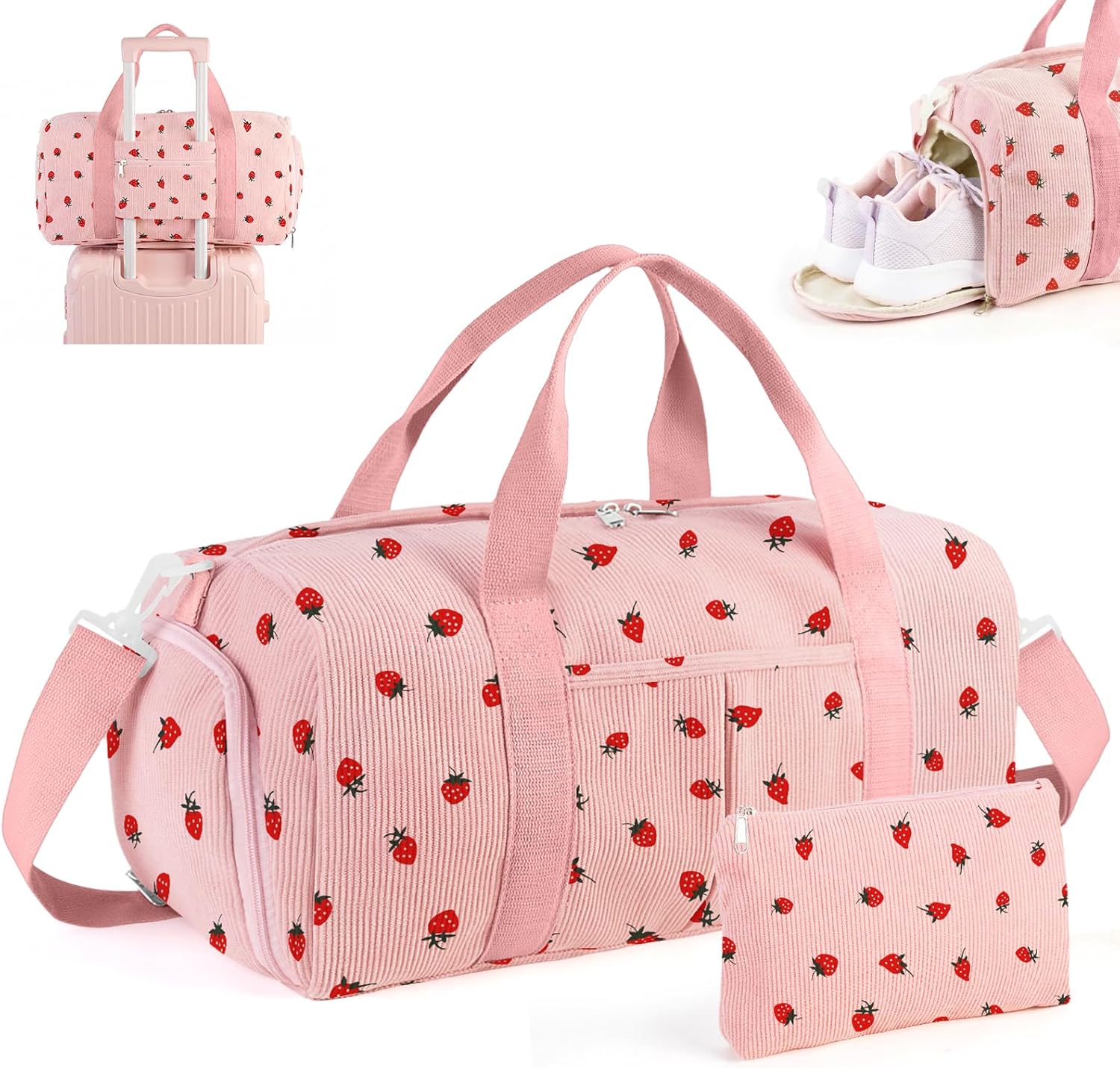 2PCS Cute Gym Bag for Girls, Corduroy Duffle Bag with Wet Pocket & Shoe Compartment and item bag, Duffle Bag for Travel, Sports, Fitness & Workout