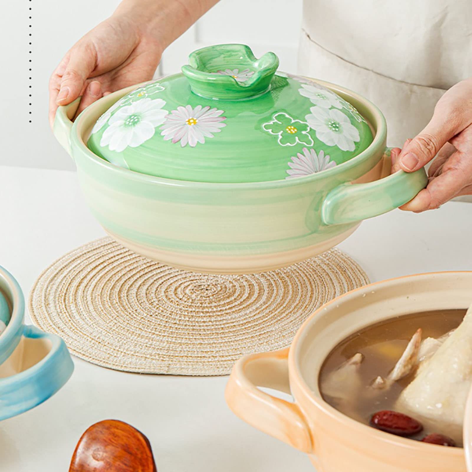 Szef Kuchni Gliniany Garnek Do Gotowania Ręcznie Malowany Ceramiczny Dutch Oven Z Pokrywką Uchwyty Garnek Gliniany Do Pieczenia Otwarta Płomień(Green)