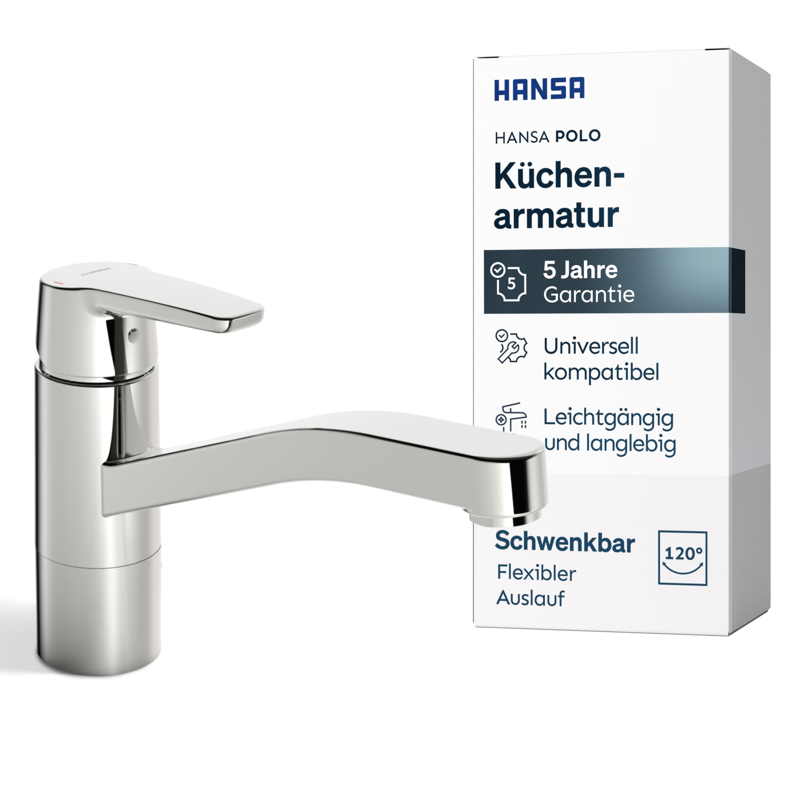 HANSA POLO Küchenarmatur Hochdruck | Armatur 120° schwenkbar I Hoher Auslauf für Töpfe | Wasserhahn Küche aus DZR-Messing I Temperatur & Durchflussbegrenzer I Schnelle Montage am Spülbecken | Chrom