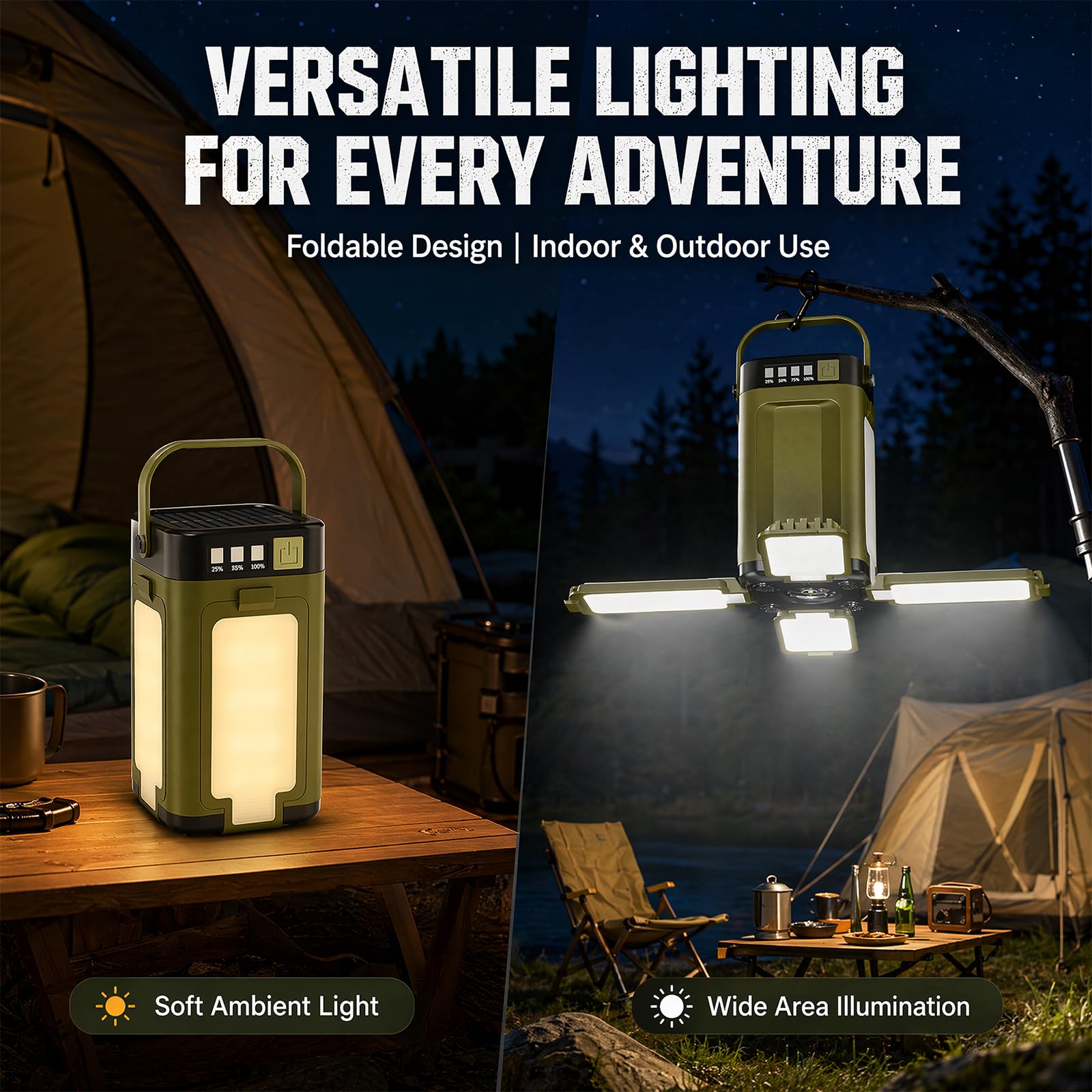 Lampada da campeggio solare e USB-C Carica, 4 luci mobili, 6 modalità, batteria da 2000 mAh, IPX4, impermeabile, pieghevole con gancio per campeggio, escursionismo, emergenze – La tua versatile luce