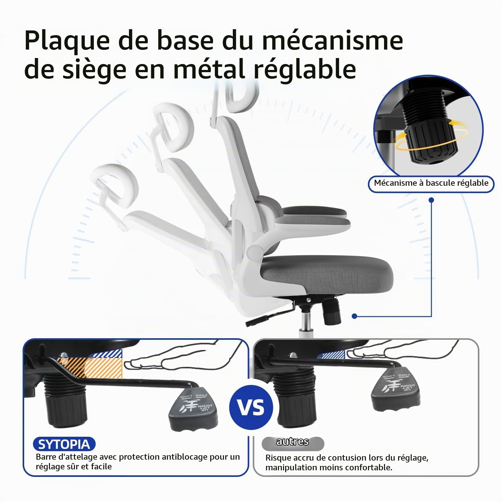 Sytopia Mécanisme de siège en métal pour chaise de bureau, plaque de base de 500 lbs avec trous de 15,2 x 25,4 cm, fonction bascule et réglage de la hauteur, remplacement universel Tilt & Lock pour