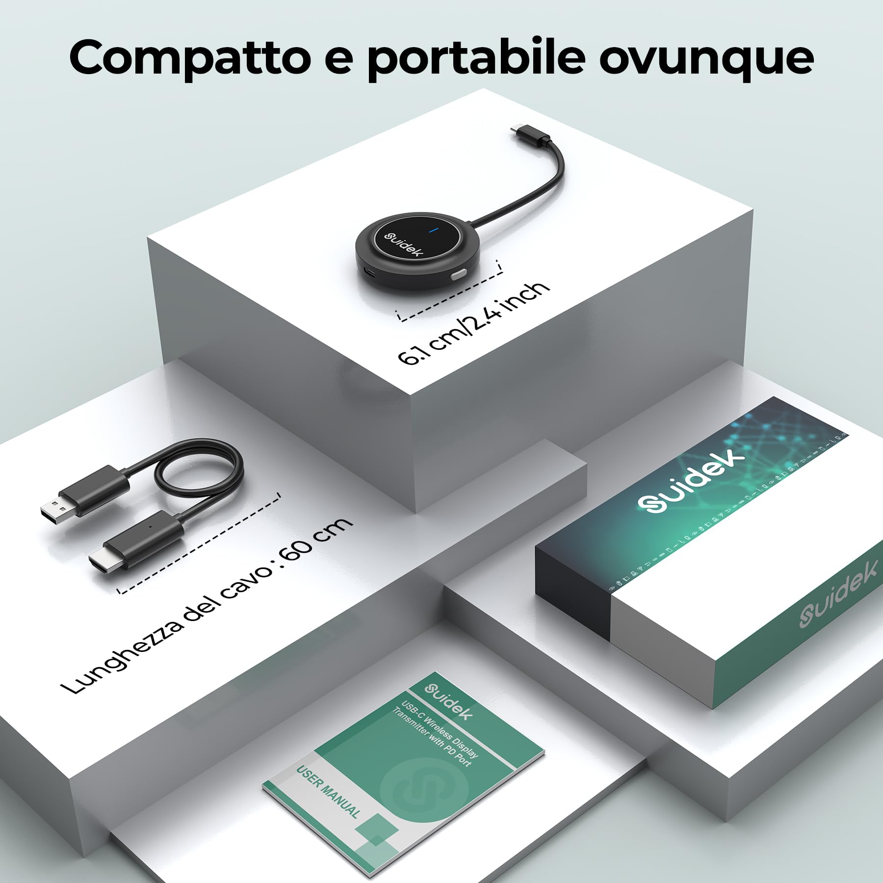 SUIDEK Trasmettitore e ricevitore HDMI wireless, Estensore USB-C a HDMI con PD3.0, Adattatore per la visualizzazione wireless per lo stream di video da telefono/laptop/fotocamera a monitor/proiettore