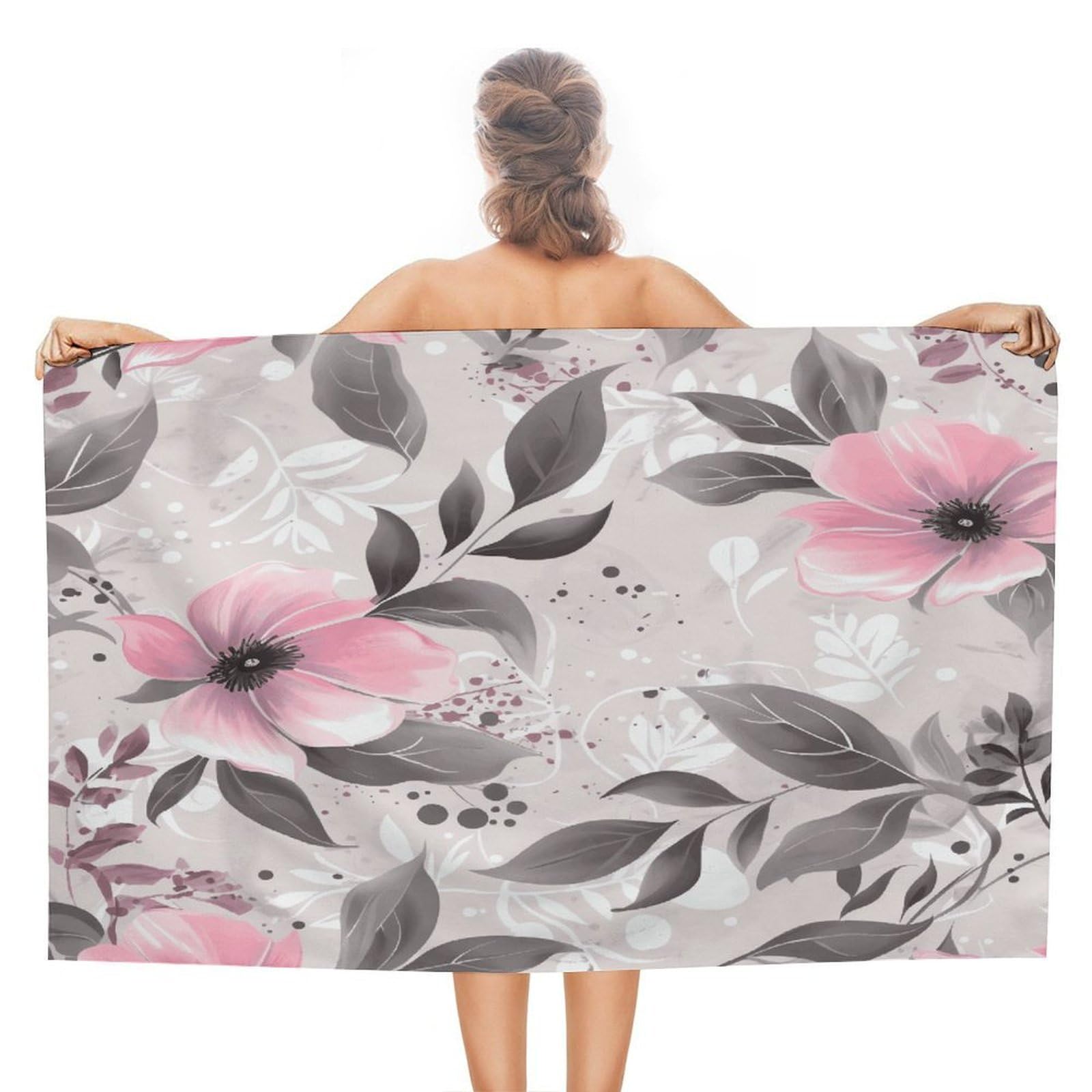 VstaDank Pink Flowers and Leaves on Gray Bath Towel Stylish Double-Faced Pile Travel Towel Soft Absorbent Beach Towel for Pool Swim Sports Camping Adults Gift 51X31 Inch