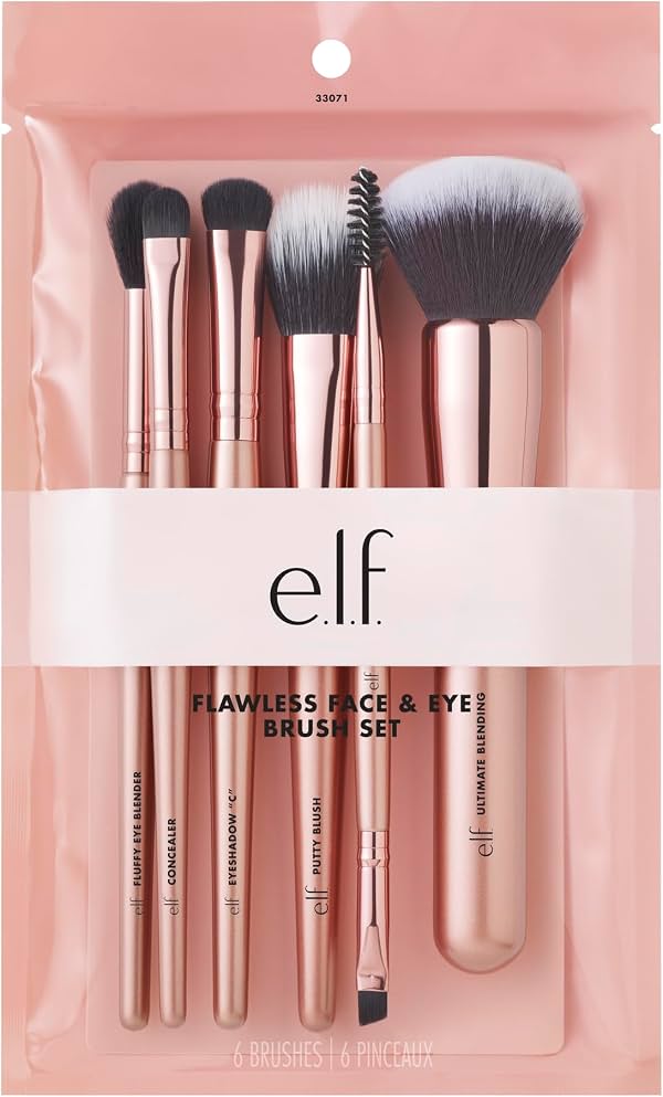 e.l.f. Kit Facial Impecable, Colección de 6 Brochas, Brochas para Rostro, Ojos y Cejas, Veganas y Libres de Crueldad Nylon 1 Unidad