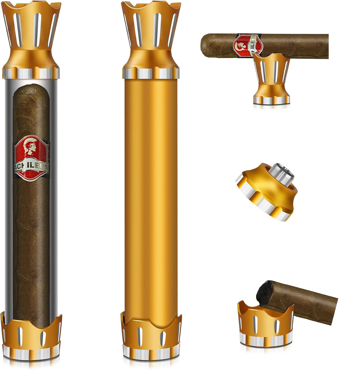 Crown Metal Cigar Tube, Portable Cigars Travel Case with Holder, Punch, Ashtray, Smell Proof, gift idea for Men, Women