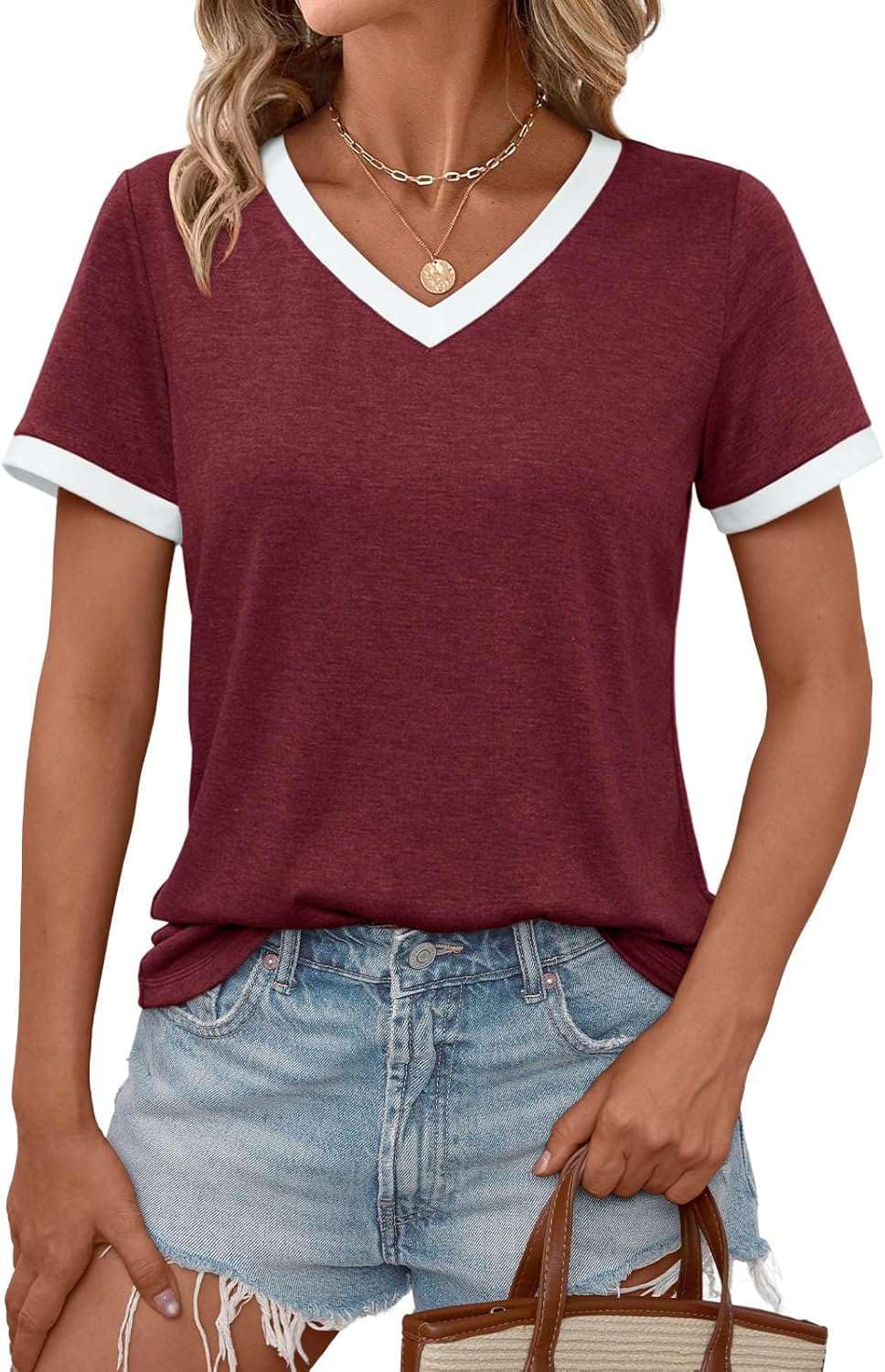Pawate Damen Tshirt Kurzarm V-Ausschnit Oberteil Sommer Tops Elegant Tunika Bluse