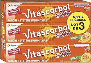 VITASCORBOL - Complément alimentaire à base de vitamine C 1000 mg - Fatigue et système immunitaire - Programme 20 jours - 20 comprimés effervescents - Lot de 3