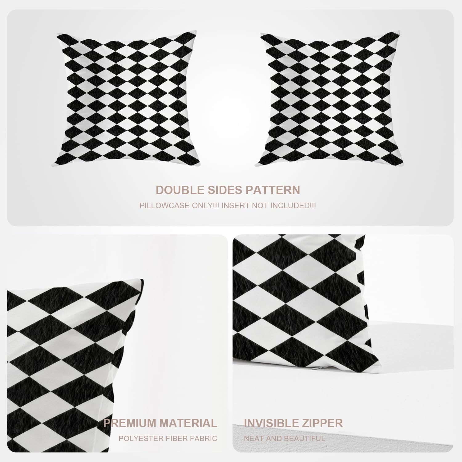 Black White Diamond Throw Pillow Covers,Abstract Black and White Harlequin Cushion Cover Digital Blended Hidden Zipperl Decorative Pillowcases for Hair Skin Square 22X22 in 2 Pcs