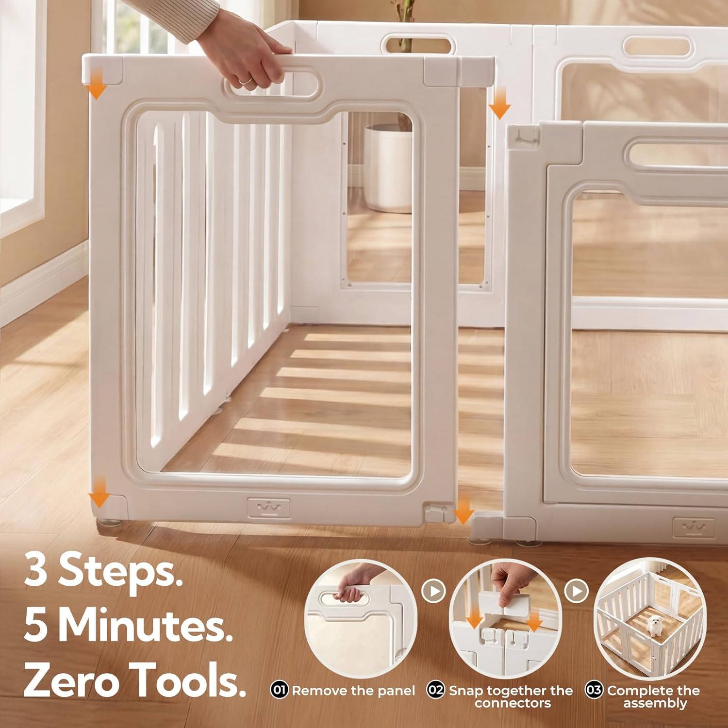 Soulbond Clear Acrylic Dog Playpen Indoor, Non-Slip,Tool-Free Assembly, External Door Lock Play Pen for Puppies and Small Dogs (24 Inch, White, 10 Panel)