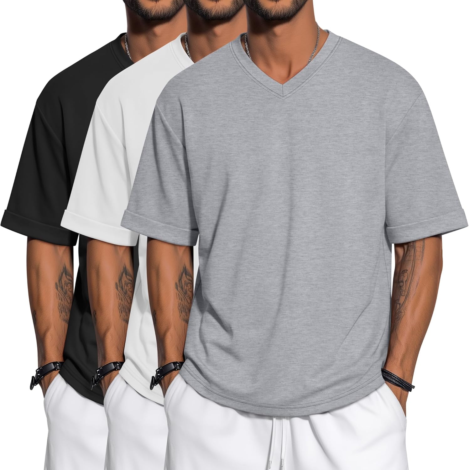 3 Pack Men's Oversized T-Shirts Short Sleeve Loose Fit Tops Casual V Neck Rolled Sleeve Tee Solid Basic Tshirt