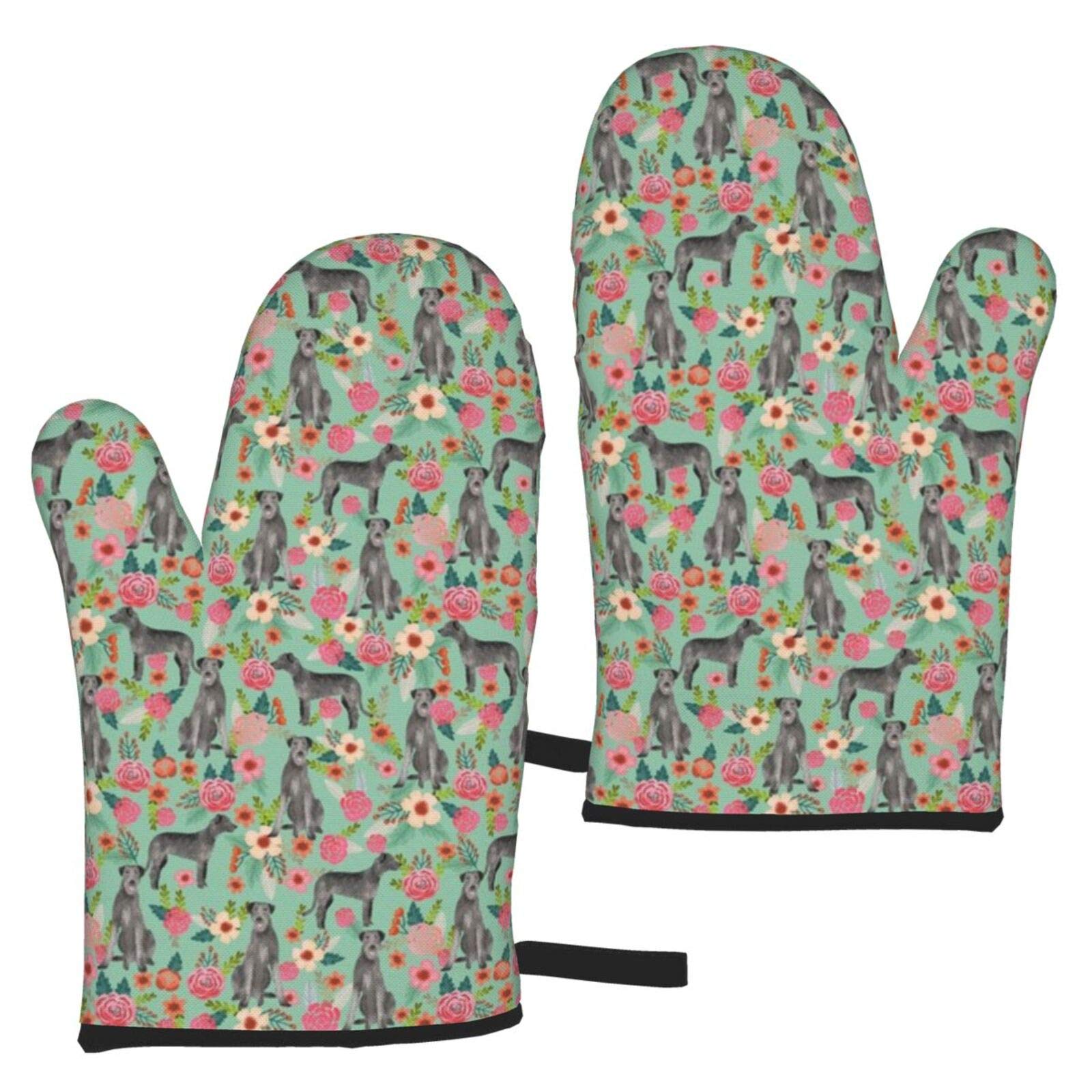 Theecoway Irish Wolfhound Floral Dog Breed Mint Oven Gloves,Heat Resistant Baking Mitts Non-Slip Kitchen Oven Mitts 1 Pair