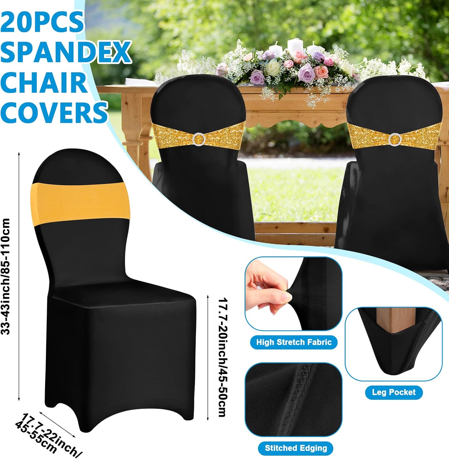 Newwiee 44 Pcs Tablecloth Chair Covers Chair Sashes Set, Spandex Chair Covers Sequin Chair Sashes Satin Table Runner for Wedding Hotel Banquet Party (Black and Gold)