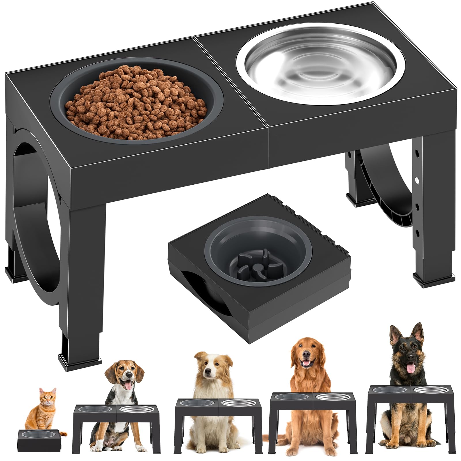 XIAZ Elevated Dog Bowls Large Breed Raised Dogs Bowl Stand Large/Medium Sized Dog Slow Feeder Dogs Bowls Food Water Stands 5 Heights Adjustable 9/11/12/14in Pet Feeder Dish Station
