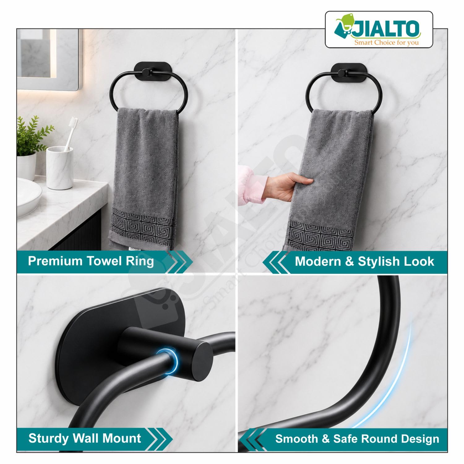 JIALTO 1 PCS Self Adhesive Towel Ring Matte Black, Oval Shaped Modern Hand Towel Holder, Stainless Steel Adhesive Hand Towel Hanger for Bathroom & Kithen Wall Mount (No Drilling) (Black) — Amazon image 4