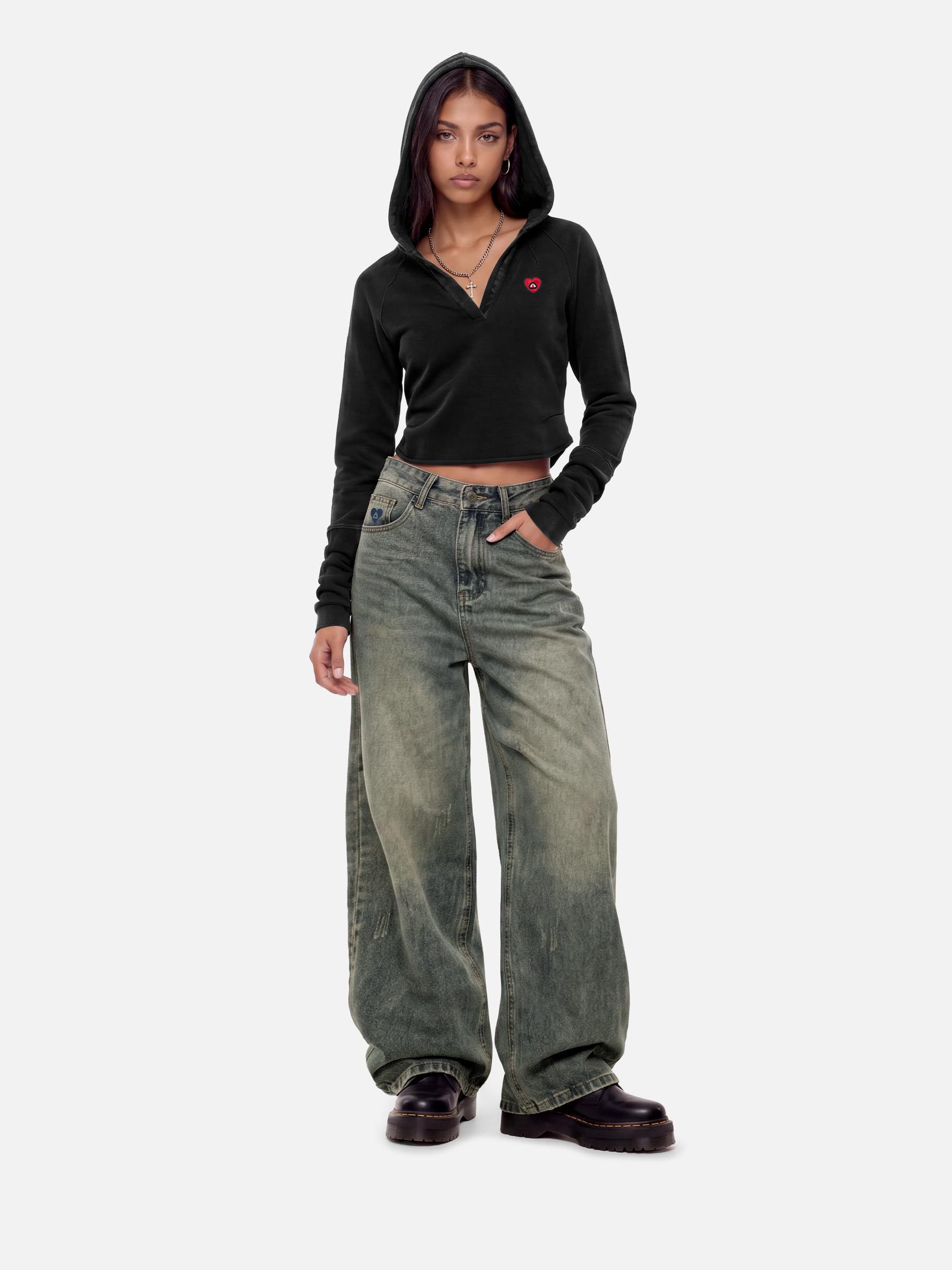 Aelfric Eden Sudadera con capucha para mujer, estilo vintage, cuello | Cropped Hooded Slim Hoody mit Kapuze Y2K Hooded Casual Pulli Vintage Langarmshirt