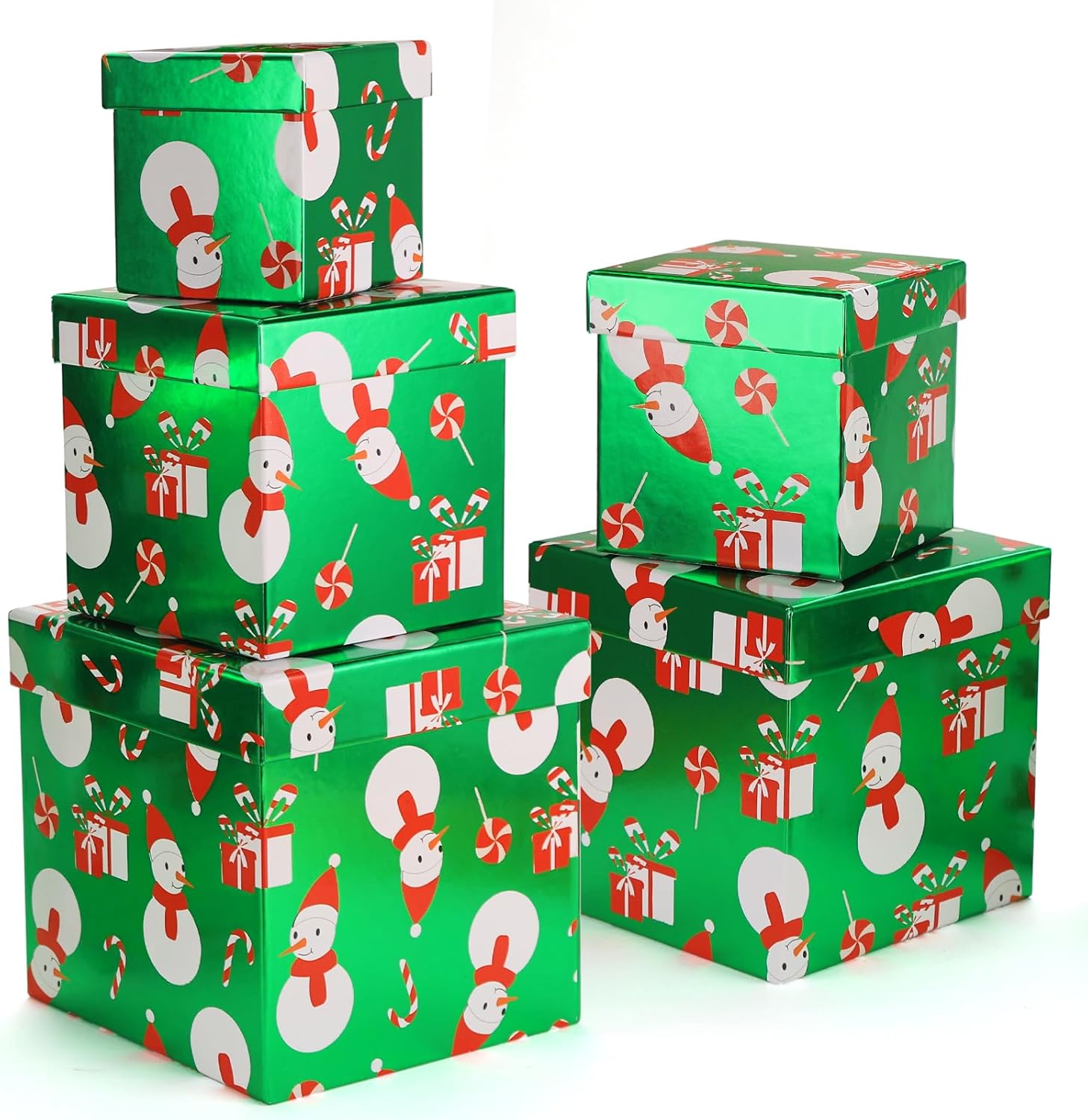 PAPER FAIR 5PCS Christmas Nesting Gift Boxes Set, Brown Kraft Candy Cane Xmas Stocking Red Foil Square Cardboard Nested Box w/Lid, for Gift Wrapping Holiday Present Birthday, Assorted Size