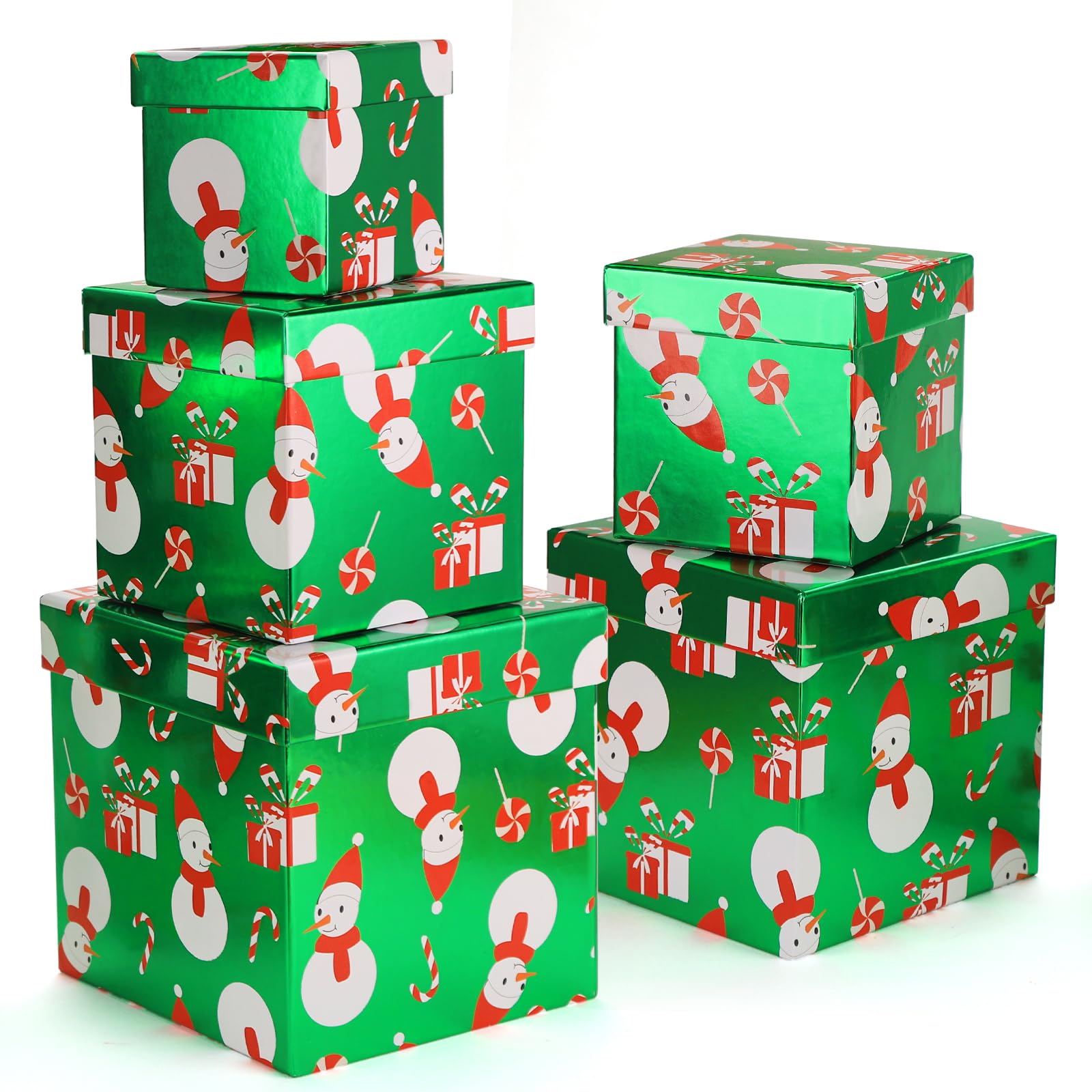PAPER FAIR 5PCS Christmas Snowman Nesting Gift Boxes Set, Green Foil Mirror Candy Cane Lollipop Square Cardboard Nested Box w/Lid, for Gift Wrapping
