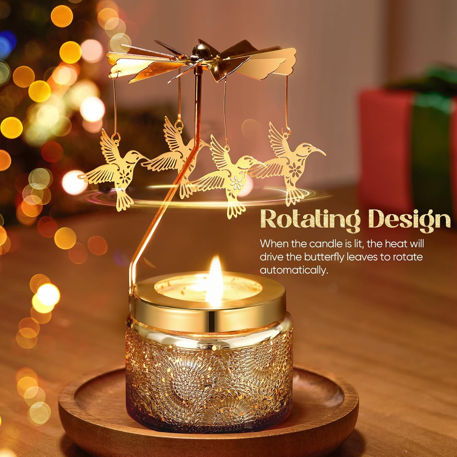 Hummingbird Rotating Scented Candle, Elegant Glass Jar Perfect for Romantic Dinners, Cozy Living Rooms or Relaxing Baths, Thoughtful Gift for Wife, Girlfriend or Friends with Rose Scent