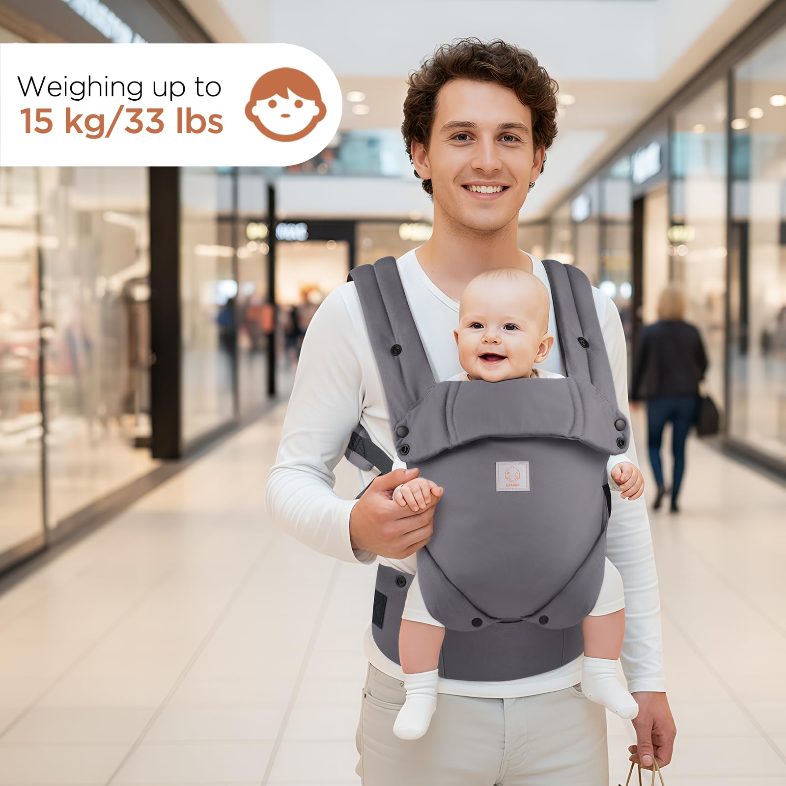 GAGAKU Portabebè per neonati e bambini, facile da indossare sul viso in avanti e indietro, ergonomico con supporto per il collo, adatto per 3,2 – 15 kg – Grigio
