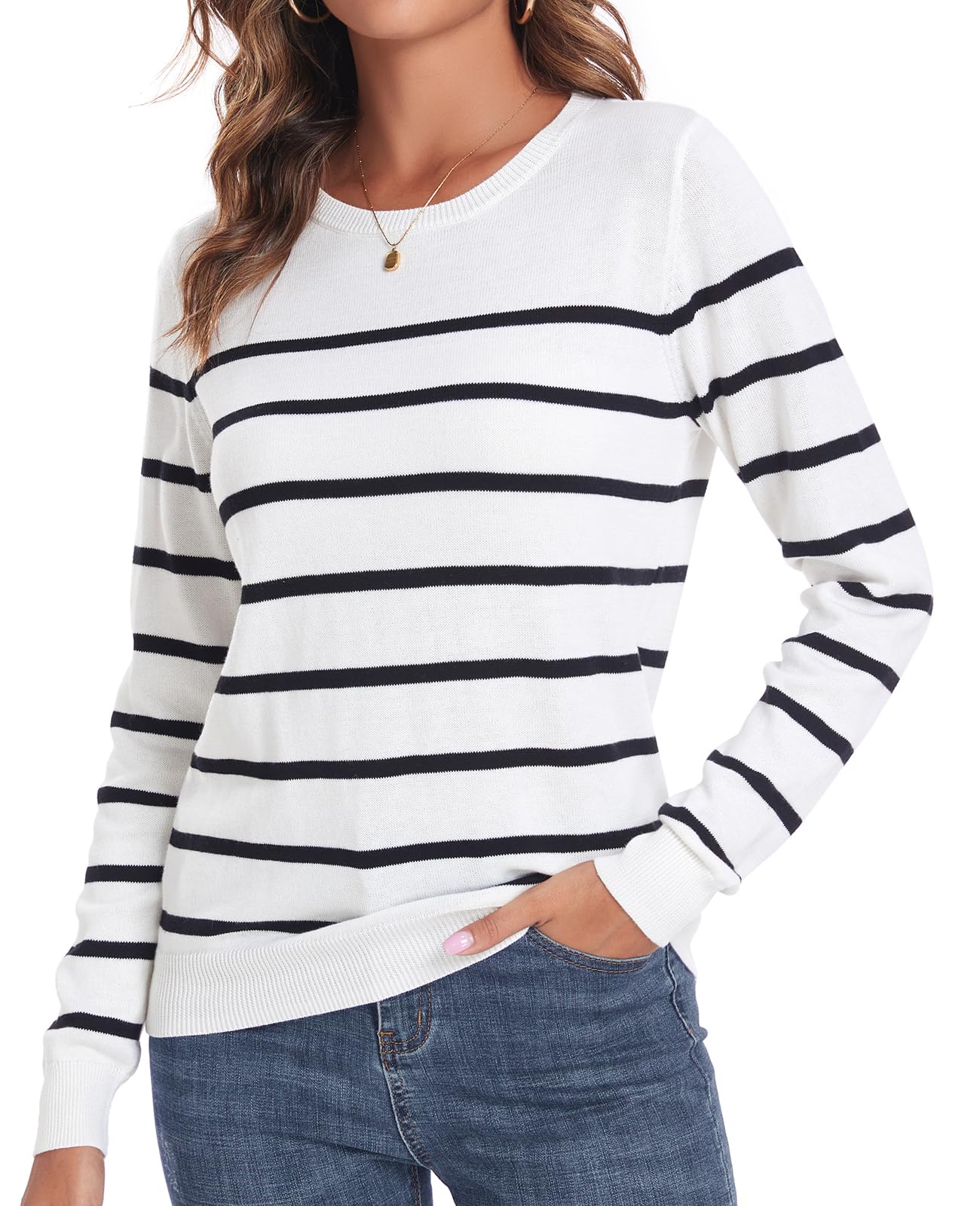 QUALFORT Women's 100% Cotton Sweater Lightweight Long Sleeve Pullover