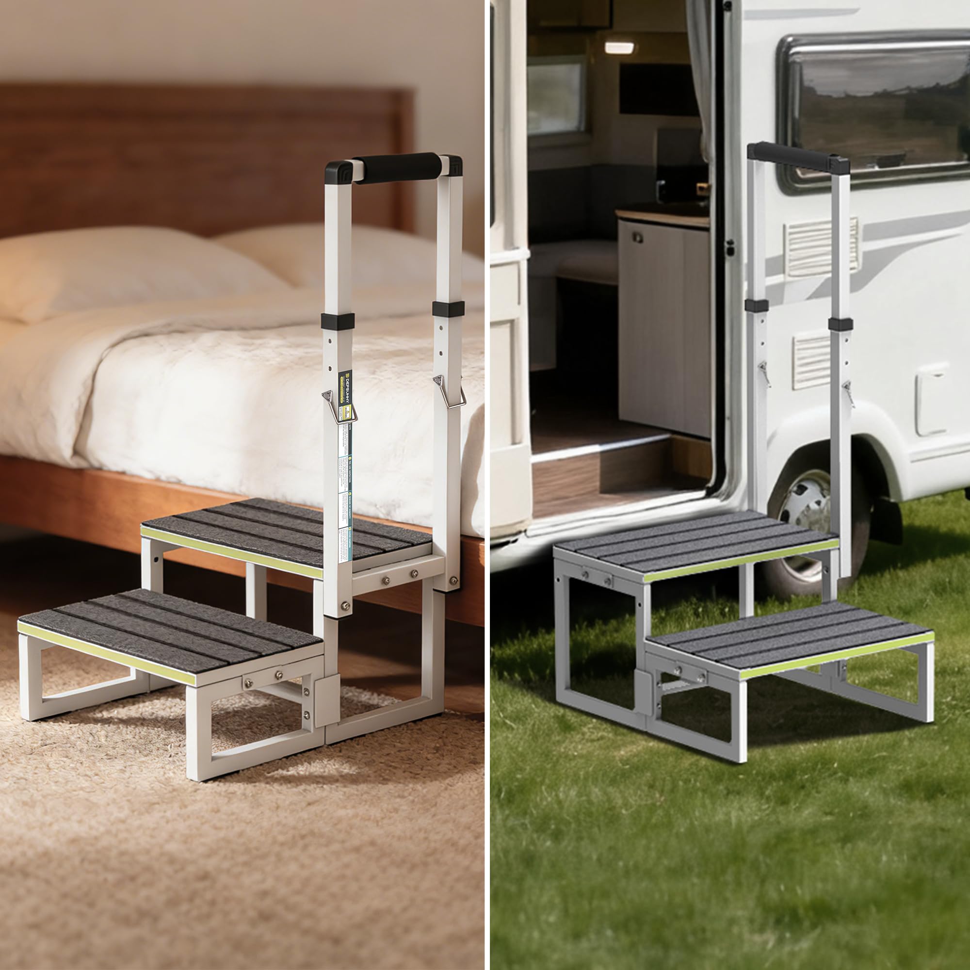 Trittleiter 2 Stufen aus Aluminium, verstellbarer Handlauf beidseitig, extra rutschfeste Trittflächen, 250 kg Tragfähigkeit – ideal für Wohnmobile, Küche & Haushalt