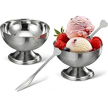 2Pcs Stainless Steel Ice Cream Bowls with Forks, 5.5oz Footed Dessert Cups, Shatterproof Metal Serving Dishes for Sundae, Gelato & Portion Control Snacks, Dishwasher Safe, Silver