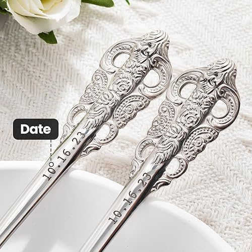 Miniatura 3 de callie Juego de 2 tenedores de boda personalizados con fecha grabados con fecha, cubiertos plateados vintage personalizados resistentes para pastel