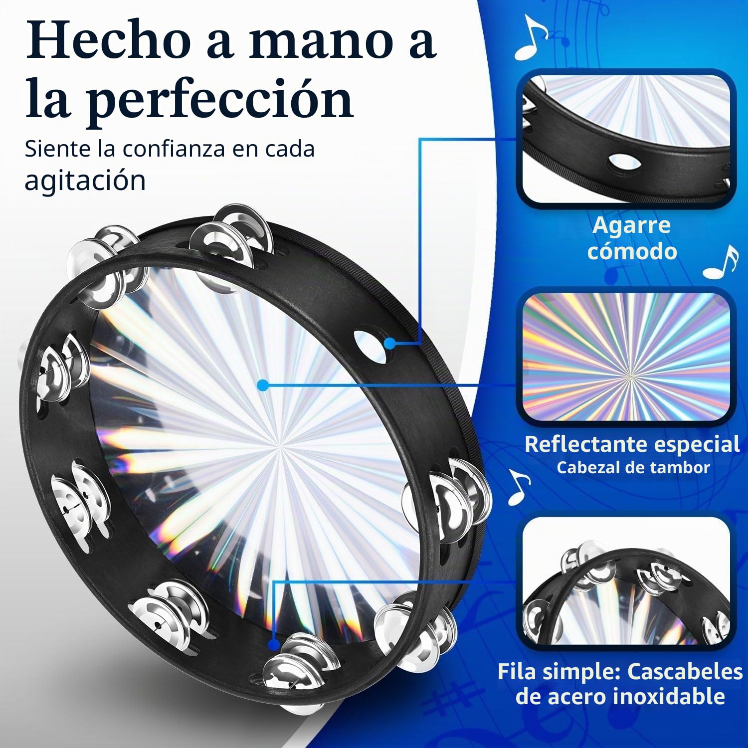 Flexzion Instrumento de pandereta de madera para iglesia - Panderos de mano reflectantes de 20 cm para adultos, pandereta de metal de una sola fila para iglesia, fiestas y eventos musicales