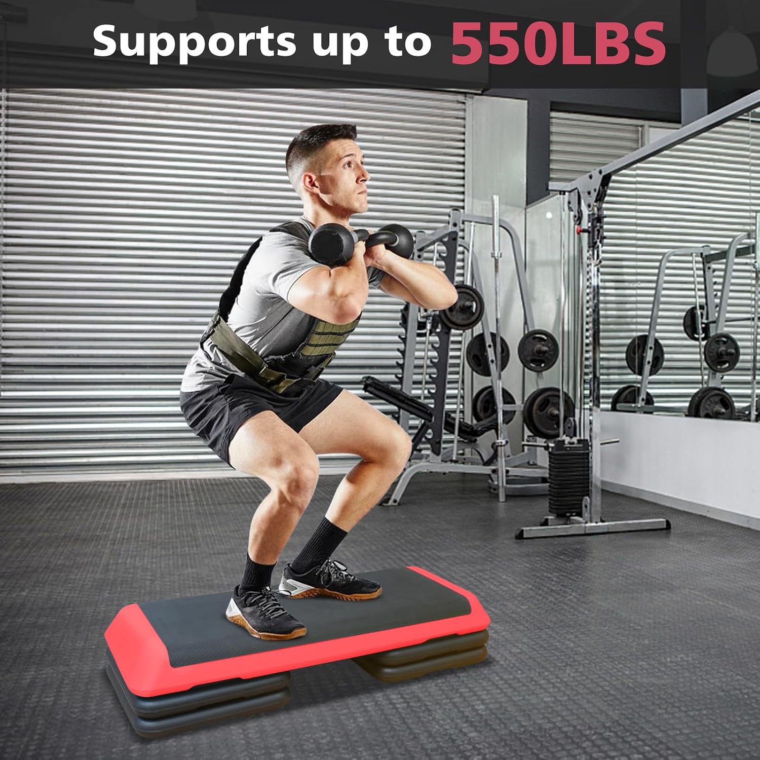 43'' Exercise Aerobic Step Platform, Adjustable Height 4-6-8in Exercise Stepper Workout with 4 Detachable Risers, Aerobics Stepper Workout Stepper for Home Gym Cardio Strength & Training