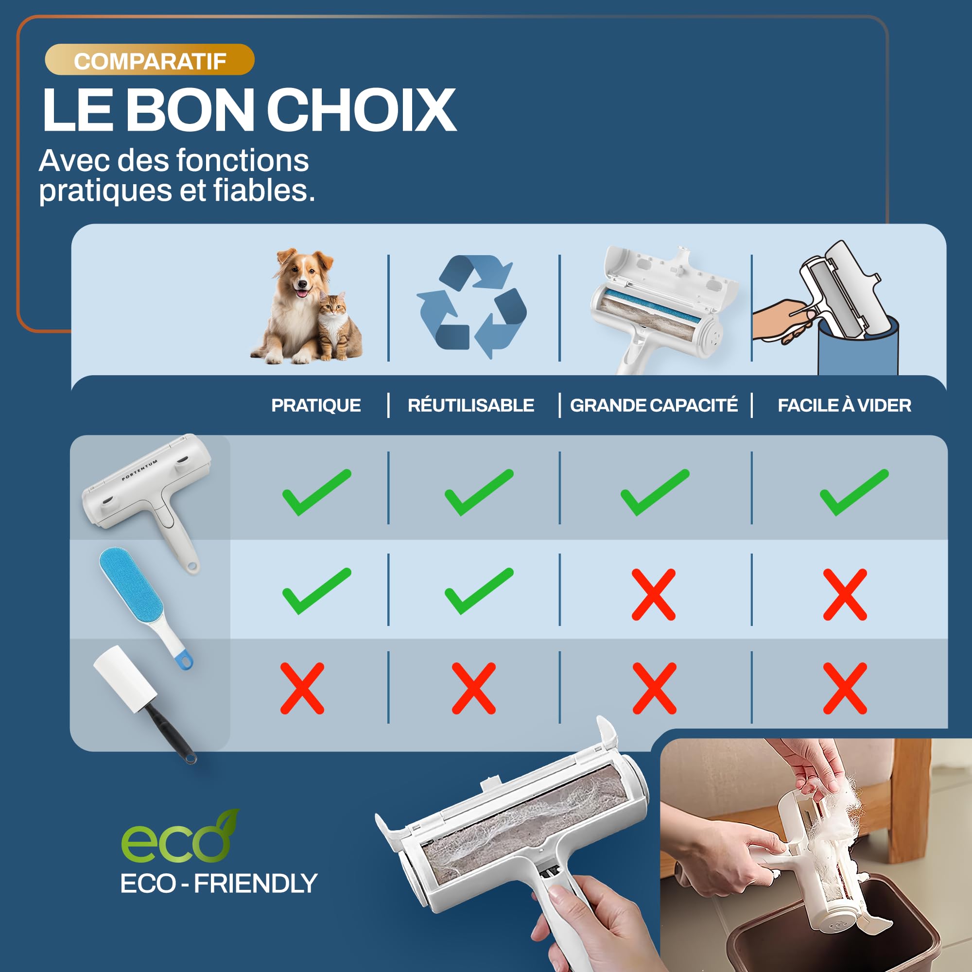 PORTENTUM Brosse Chat Anti Poils Animaux Chien, Brosse Ramasse Enlève Poils, Magique Réutilisable pour Poils, Rouleau à Poils d'animaux, Épilateur pour Canapé, Arbre à Chat, Voiture, lit, Tapis,Panier