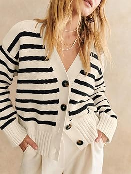 Saodimallsu Womens Striped Cardigan Sweaters V Neck Button