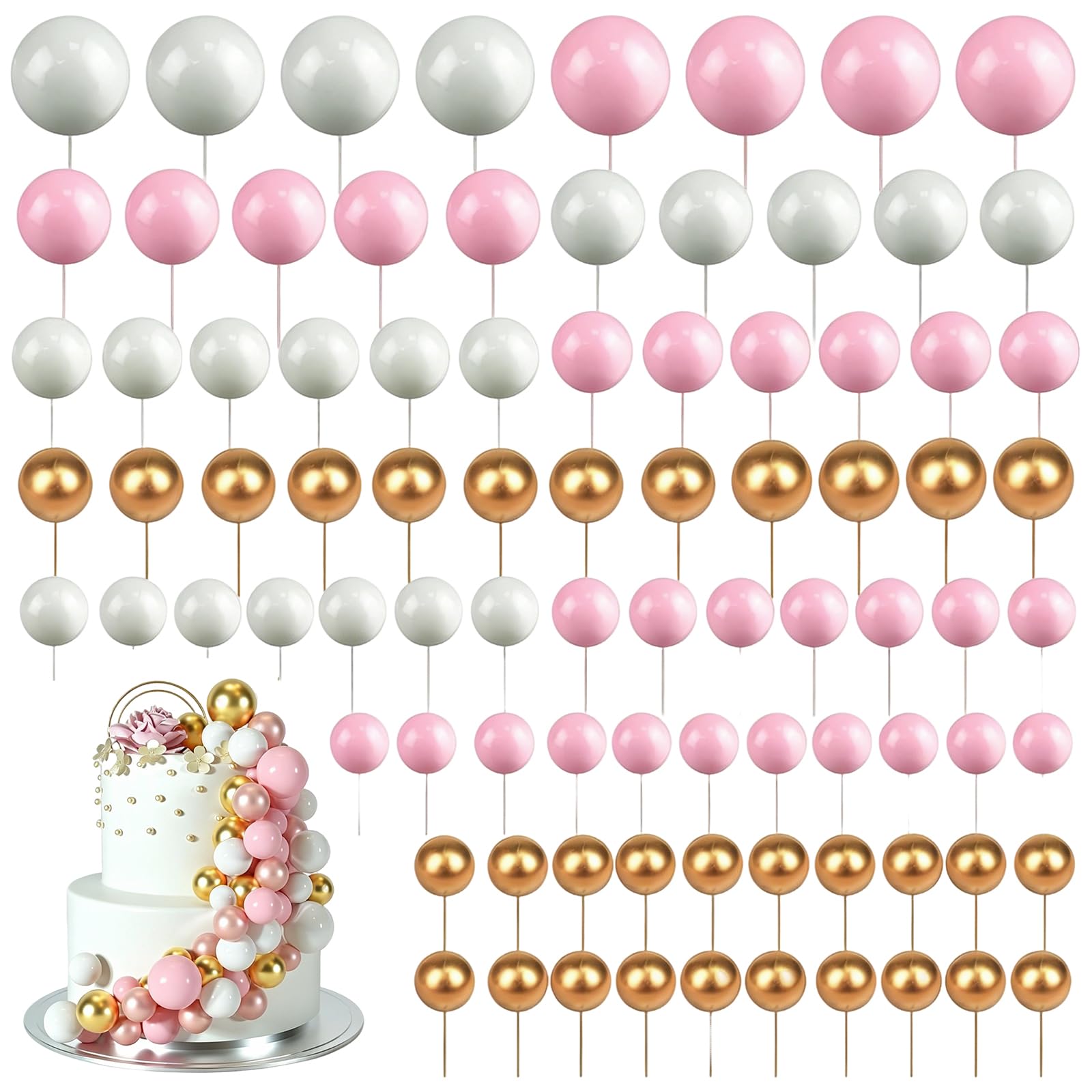 TENGWA 108 PCS Ball Cake Toppers Cake Balls Decoration Ballon Cupcake Topper for Birthday Party Wedding Christmas Party Baby Shower (Pink White Gold)