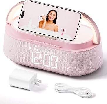 Pink Alarm Clock with Bluetooth Speaker Wireless Charger Snooze FM Radio