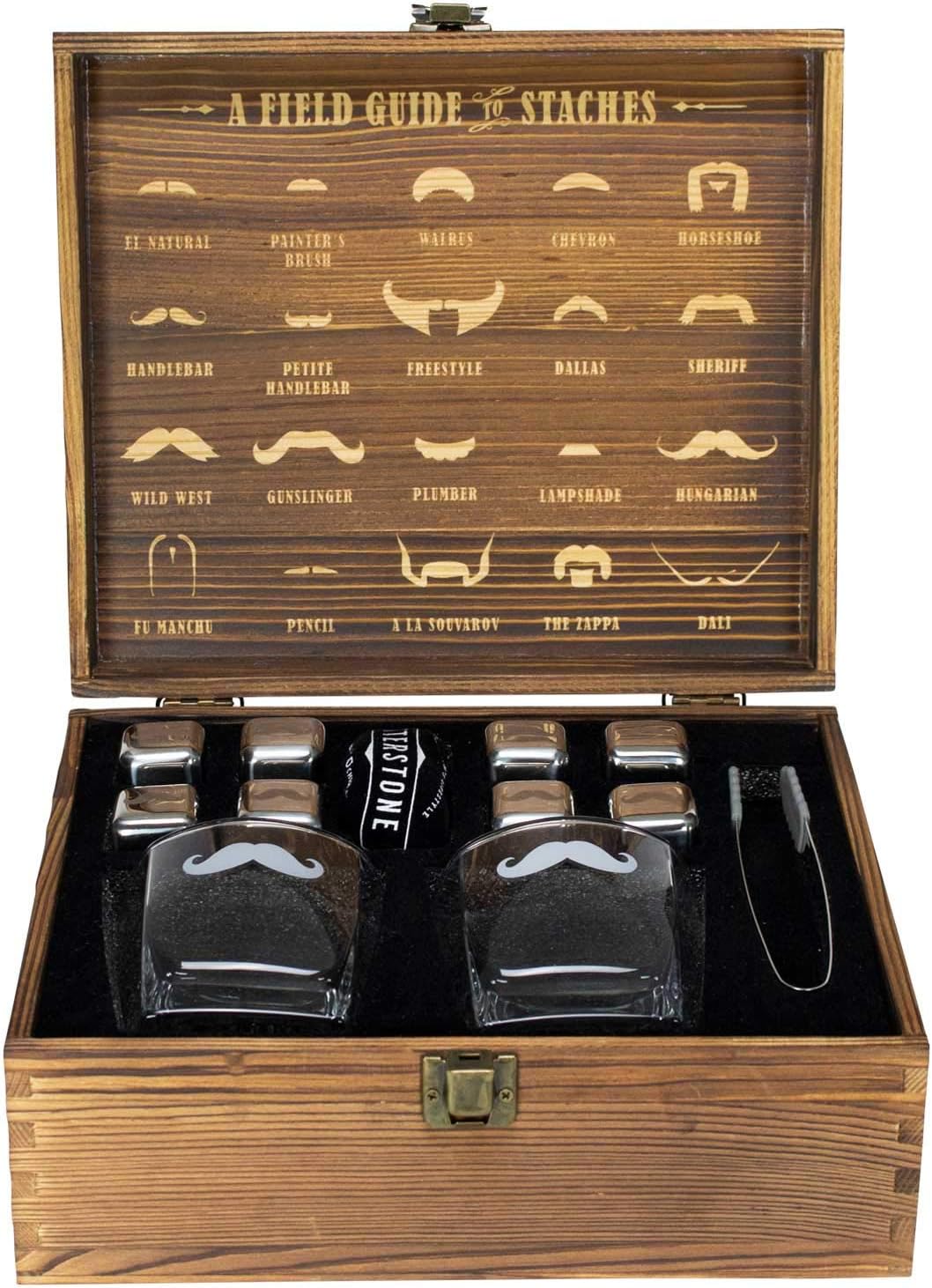 Whiskey Glass Box Set - Includes 2 Glasses, 8 Chilling Stones, Storage Bag, Silicone-Ended Tongs, and Wood Box with Etched interior/Gift Box Set