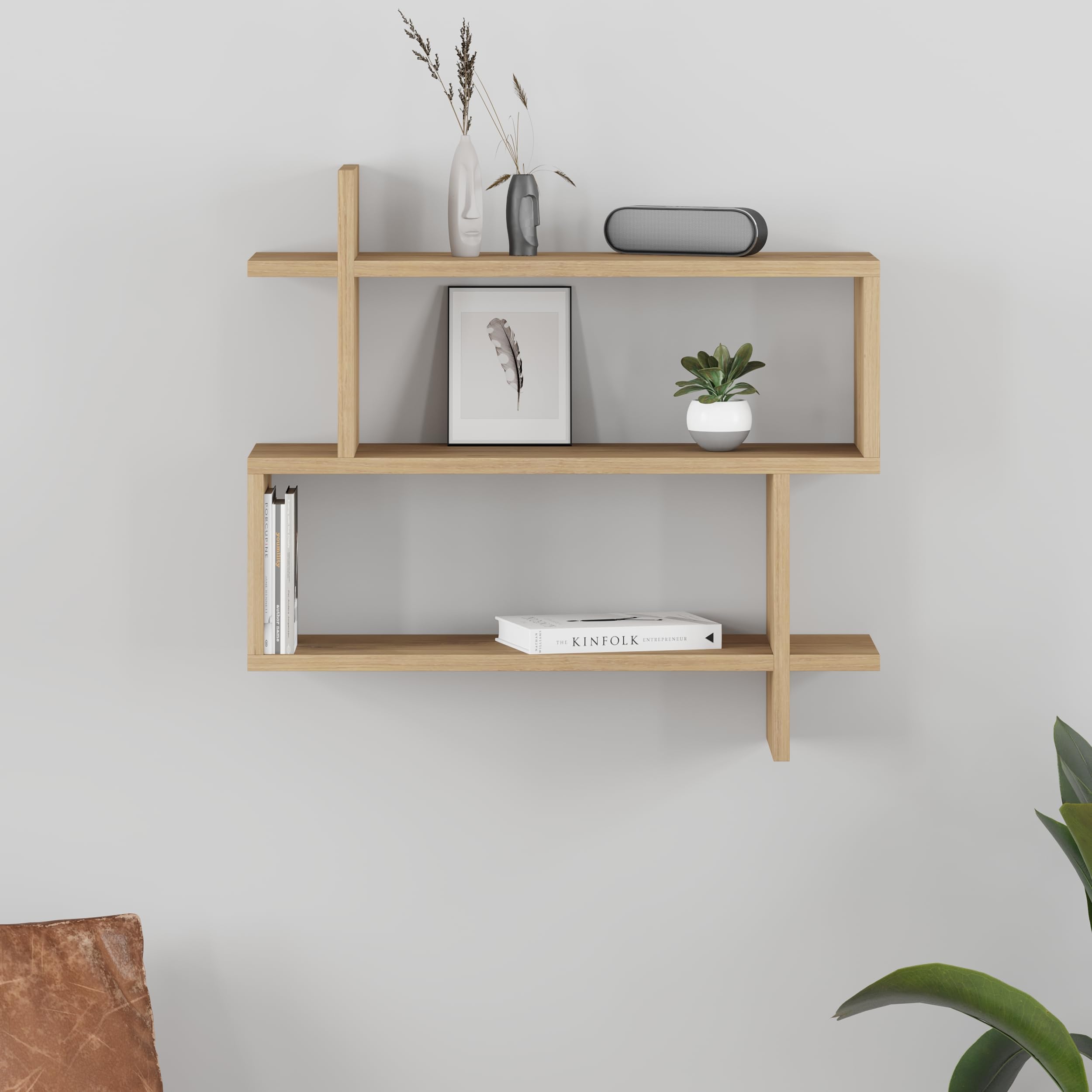 HOCUS PICUS Floating Wall Shelf, Wall Mounted Rectangle Modern Design, Bookshelf Storage Display Unit Decorative Wall Shelves, Bedroom, Living Room, Bathroom & Kitchen, Easy Assembly (Oak) โ image 1