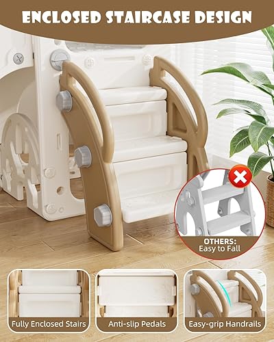 Miniatura 4 de YUFU Tobogán 7 en 1 para niños pequeños, juego de tobogán para niños pequeños con golf, escalador, aro de baloncesto y pelota, para interiores y