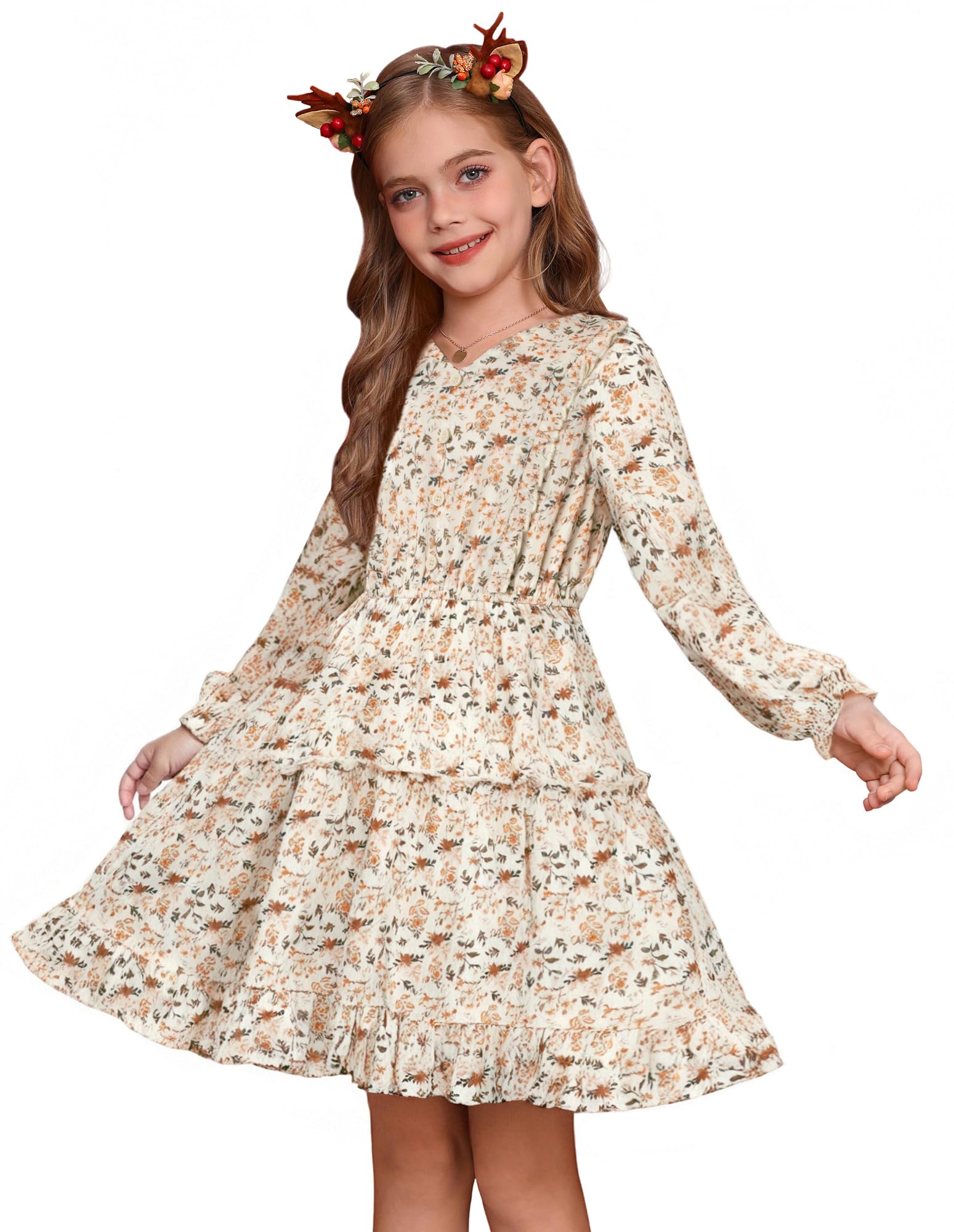 GRACE KARIN Mädchen Kleider Herbst Blumen Chiffonkleid Langarm A-Linie Midikleid Rüschen Prinzessinnenkleid