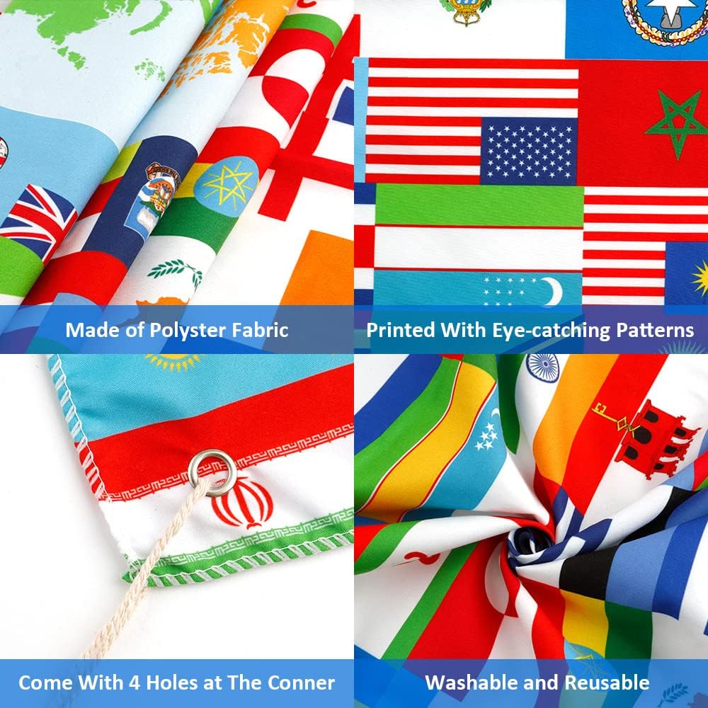 World Flag Banner, 5x3ft Fabric Country Flags Backdrop International Flags Banner Backdrop with Grommets for Birthday Party Decorations Office School Classroom Wallpaper Event Decorations