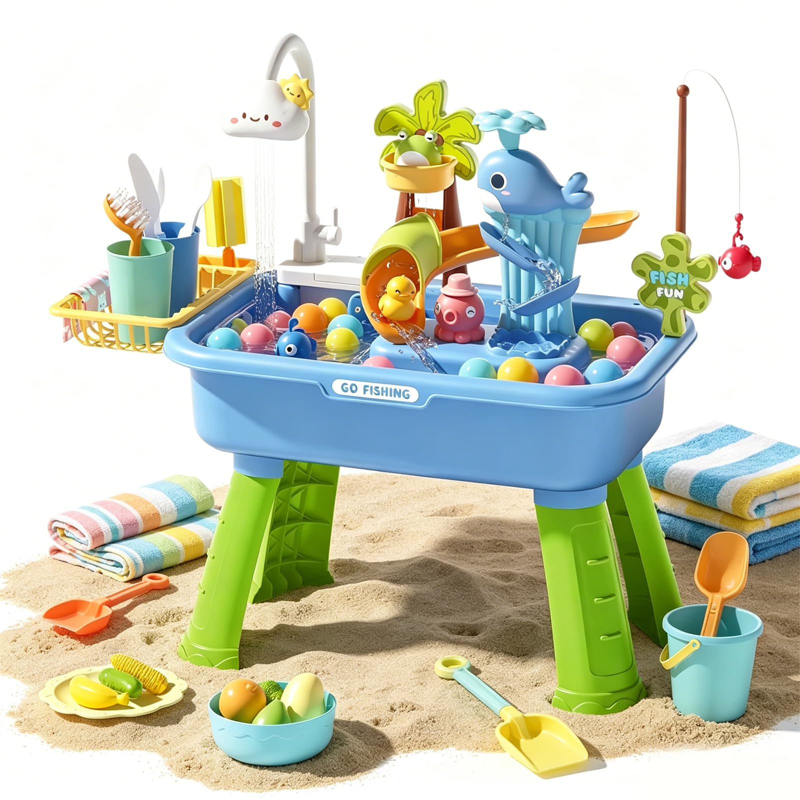 Mesa De Agua Para Jugar, 4 En 1 Fregadero De Juego Con Agua Corriente Y Bomba, Juego De Peces De Verano Para Exteriores, Mesa De Juegos De A gua Eléctrica, Juguetes Acuáticos Sensoriales Para Niños