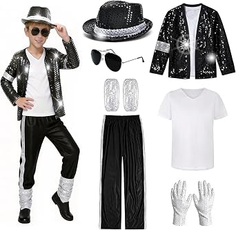 WPOZD 80s 90s Pop Star Costume, Black Sequin Jacket with Pants