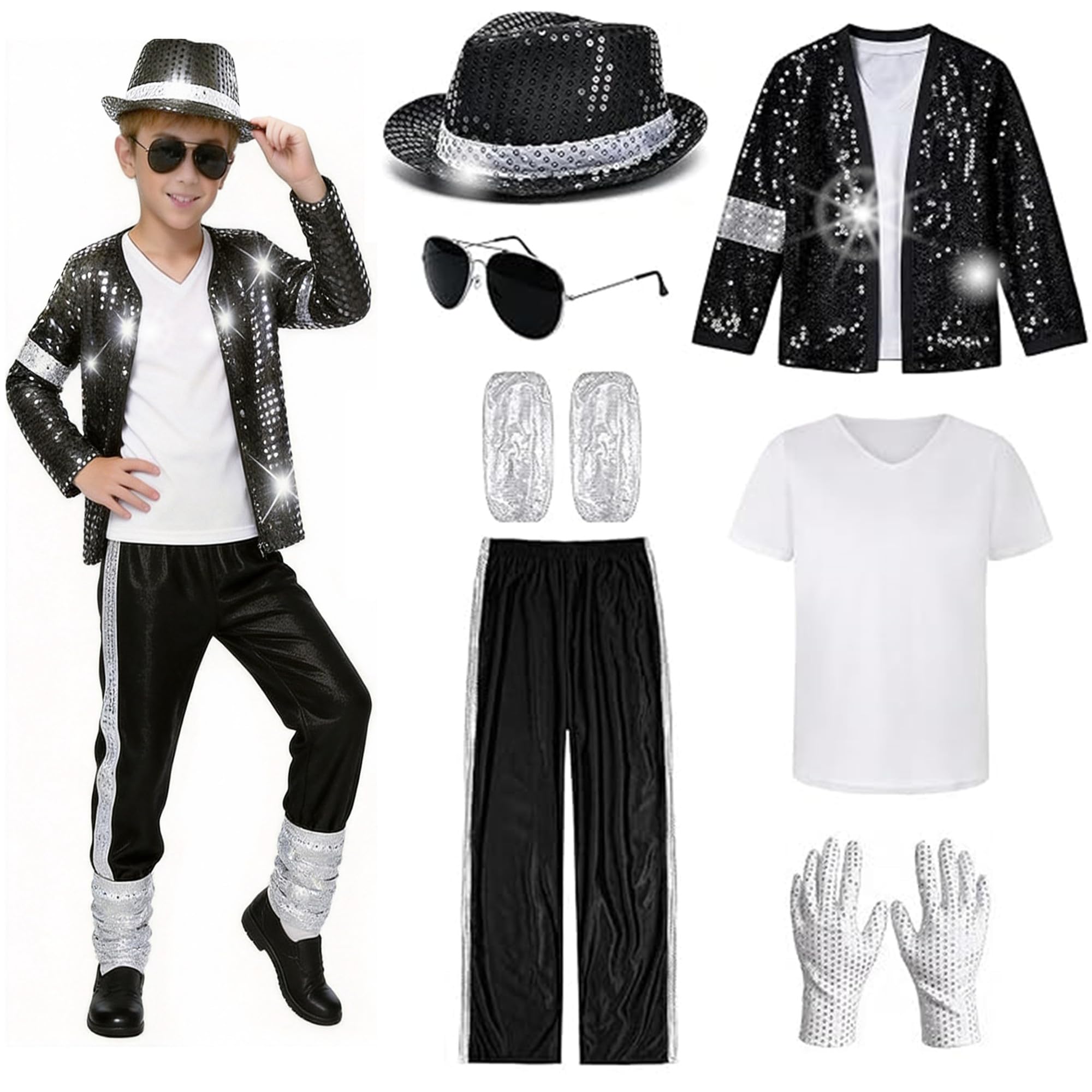 80s 90s Pop Star Costume, Black Sequin Jacket with Pants