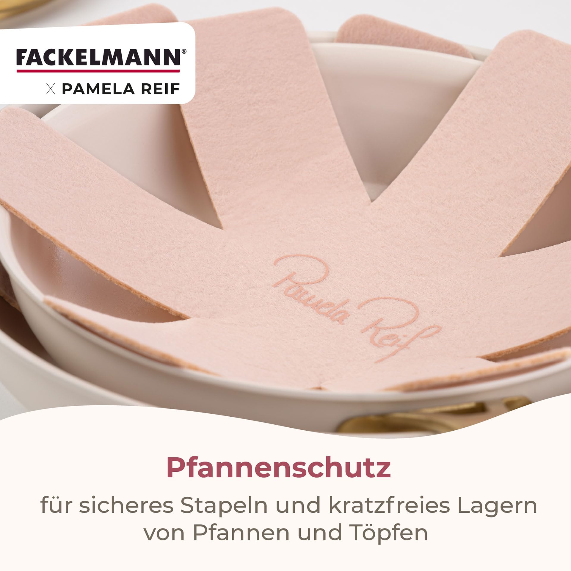 Fackelmann x Pamela Reif 10-teiliges Topf- und Pfannen-Set – gepresstes Aluminium, pastell beige, inkl. Pfannenschutz, für alle Herdarten geeignet