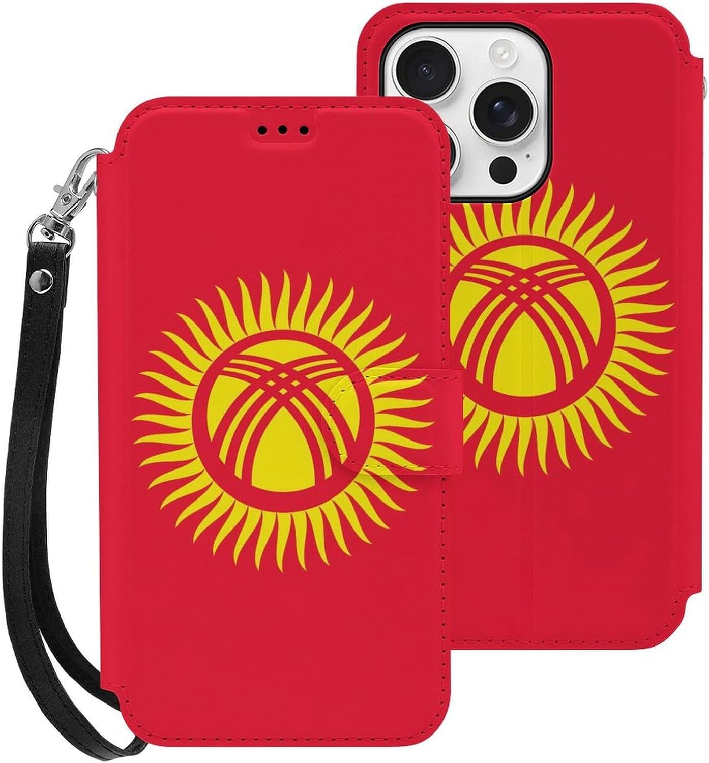 Kyrgyzstan Kyrgyz Flag Yellow Sun Compatible with iPhone 16/16 Plus/16 Pro/16 Pro Max/16 E Case Phone Wallet Card Holder Flip Cover with Wrist Strap