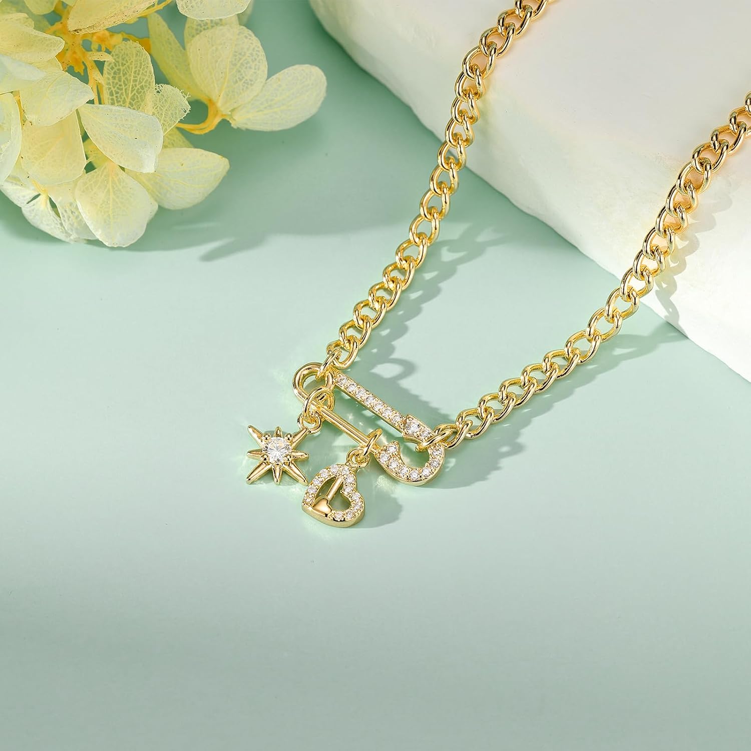 Paperclip Pendant Necklace for Women 14K Gold Plated Paperclip Necklaces Cubic Zirconia Sun/Cross/Shell/Turtle/Heart/Star Pendant with Cuban Chain Jewelry Gifts for Her - Image 2